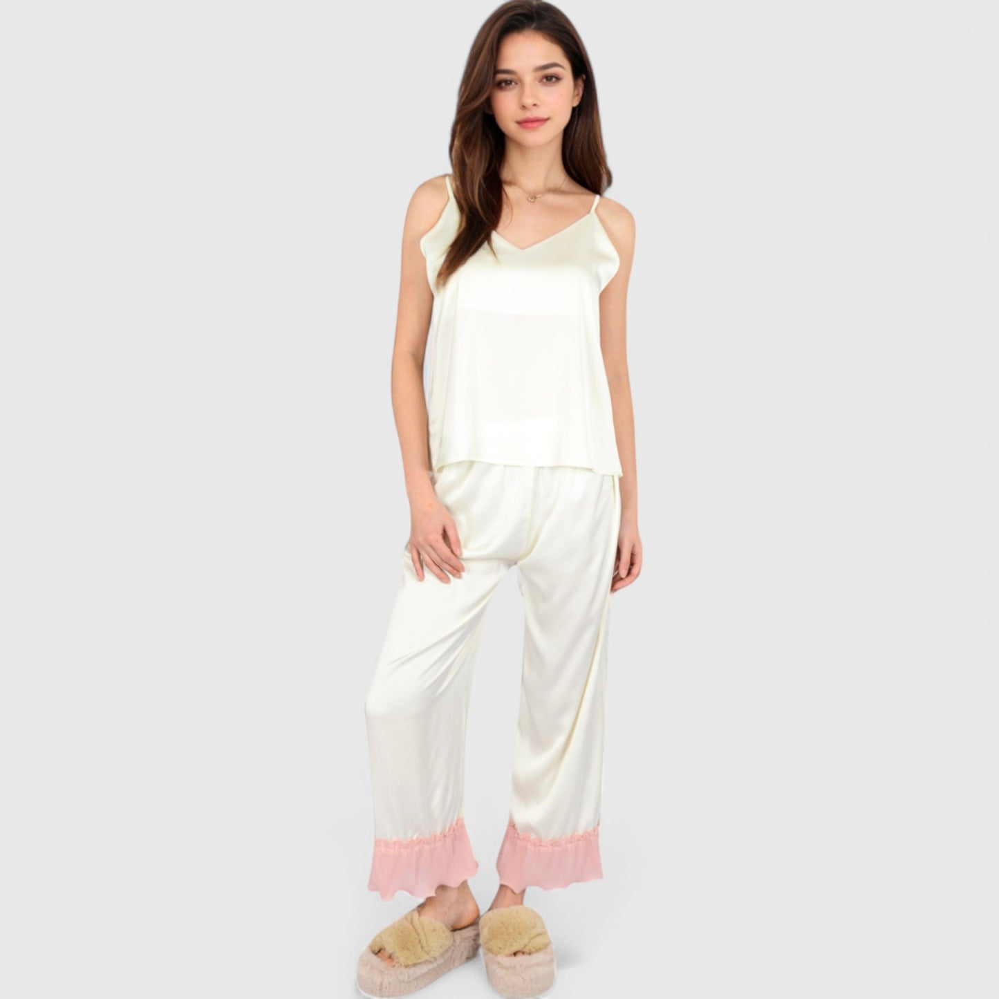 Anna-Kaci Lounge Women's Satin Pajama Set with Ruffled Cuffs and Button-Up Top