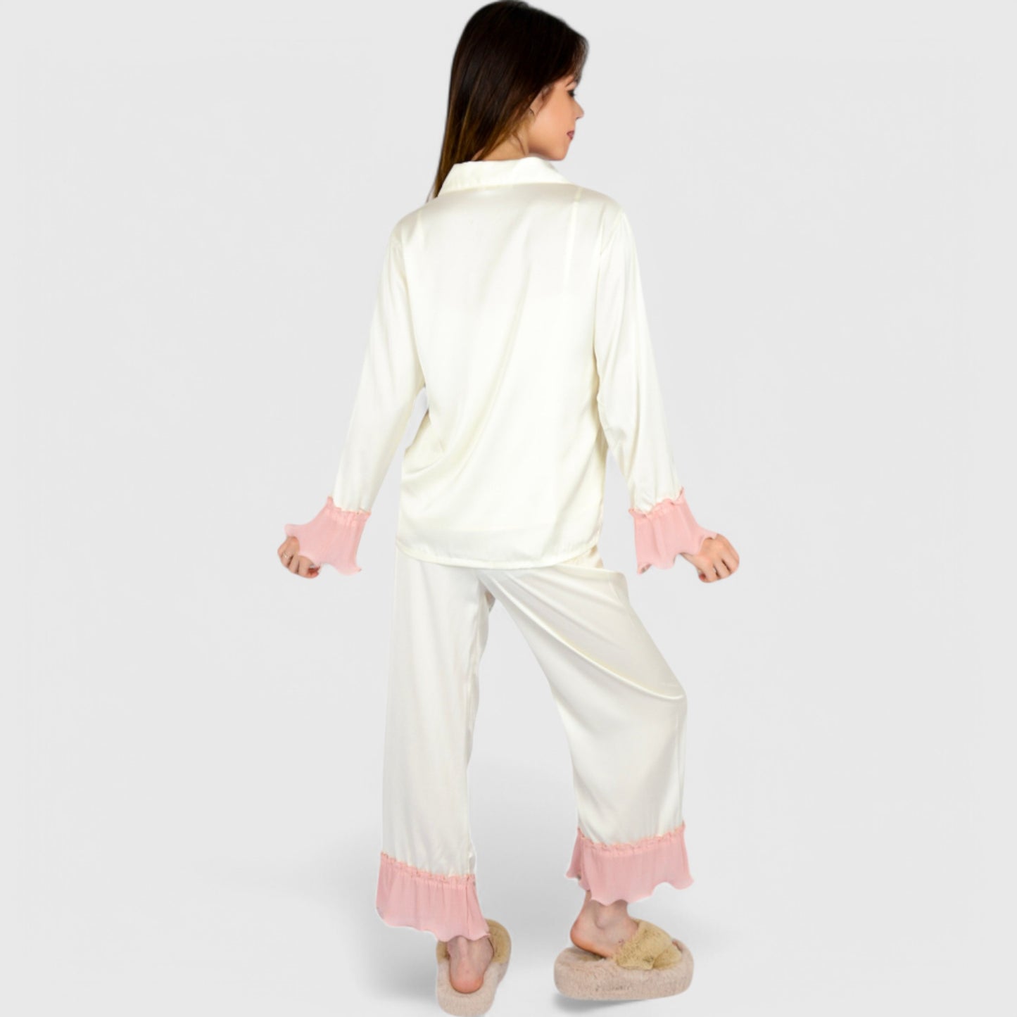Anna-Kaci Lounge Women's Satin Pajama Set with Ruffled Cuffs and Button-Up Top
