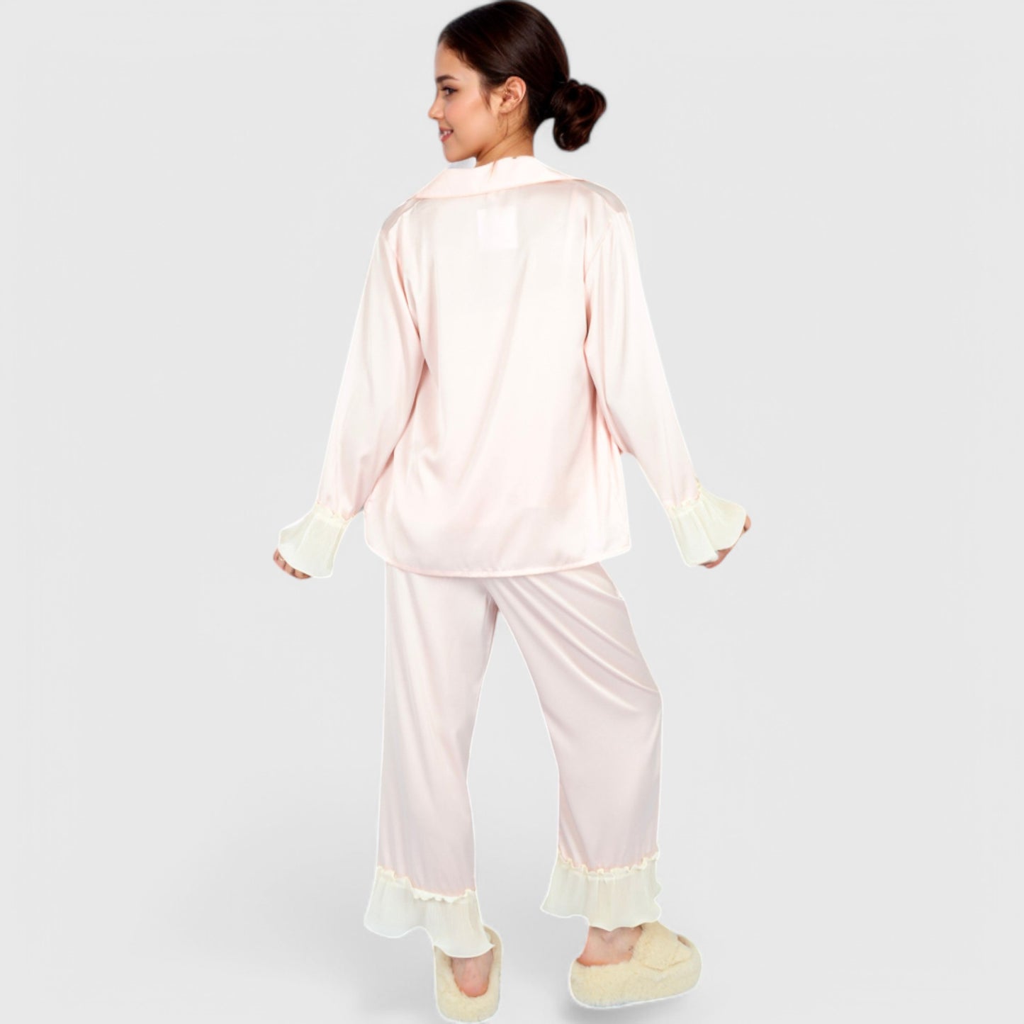 Anna-Kaci Lounge Women's Satin Pajama Set with Ruffled Cuffs and Button-Up Top