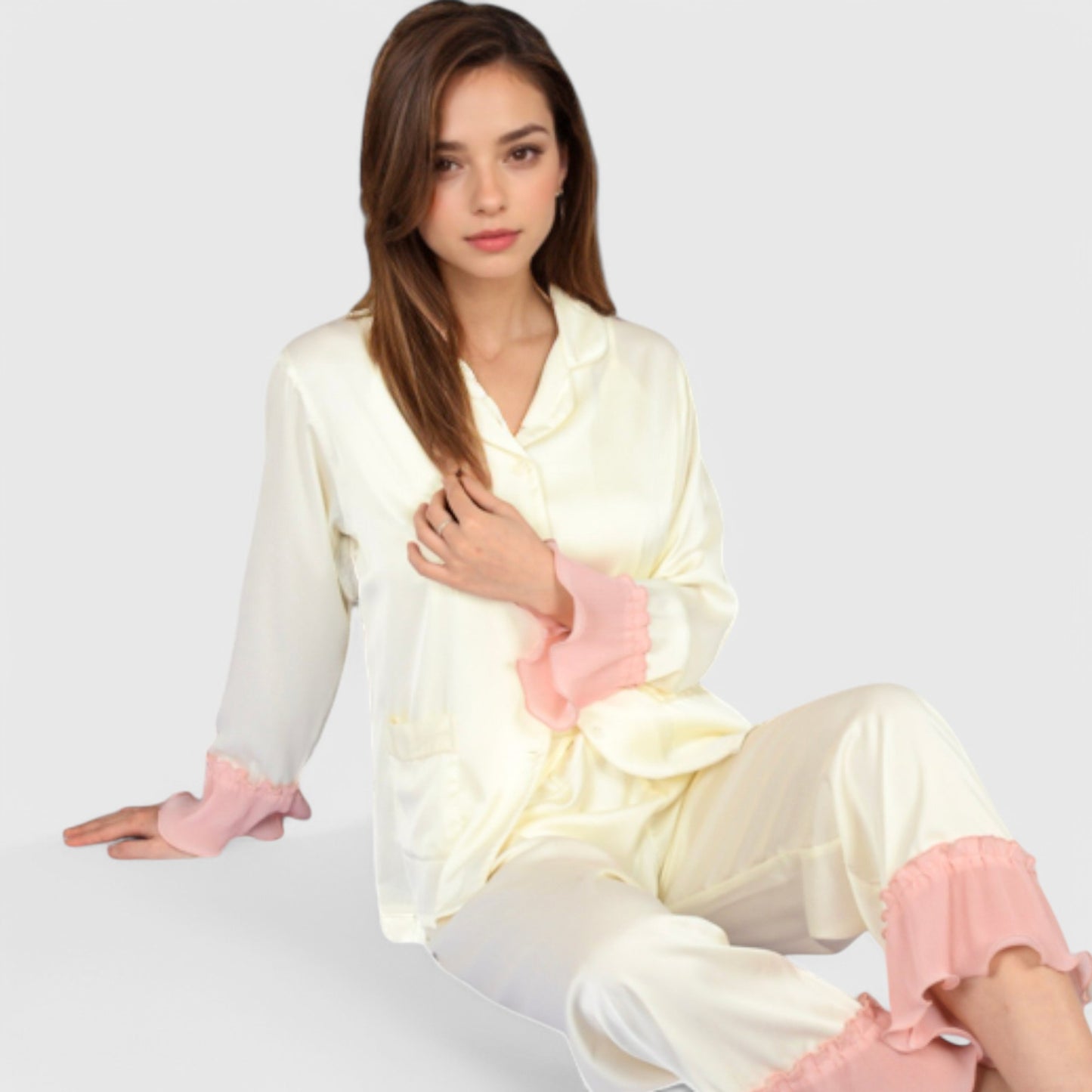 Anna-Kaci Lounge Women's Satin Pajama Set with Ruffled Cuffs and Button-Up Top