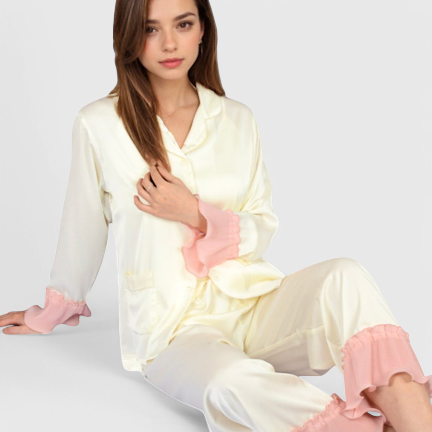 Anna-Kaci Lounge Women's Satin Pajama Set with Ruffled Cuffs and Button-Up Top