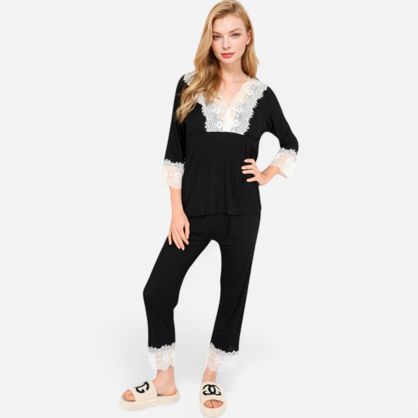 Anna-Kaci Lounge Women's Lace Trim Pajama Set with 3/4 Sleeve Top and Elastic Waist Pants