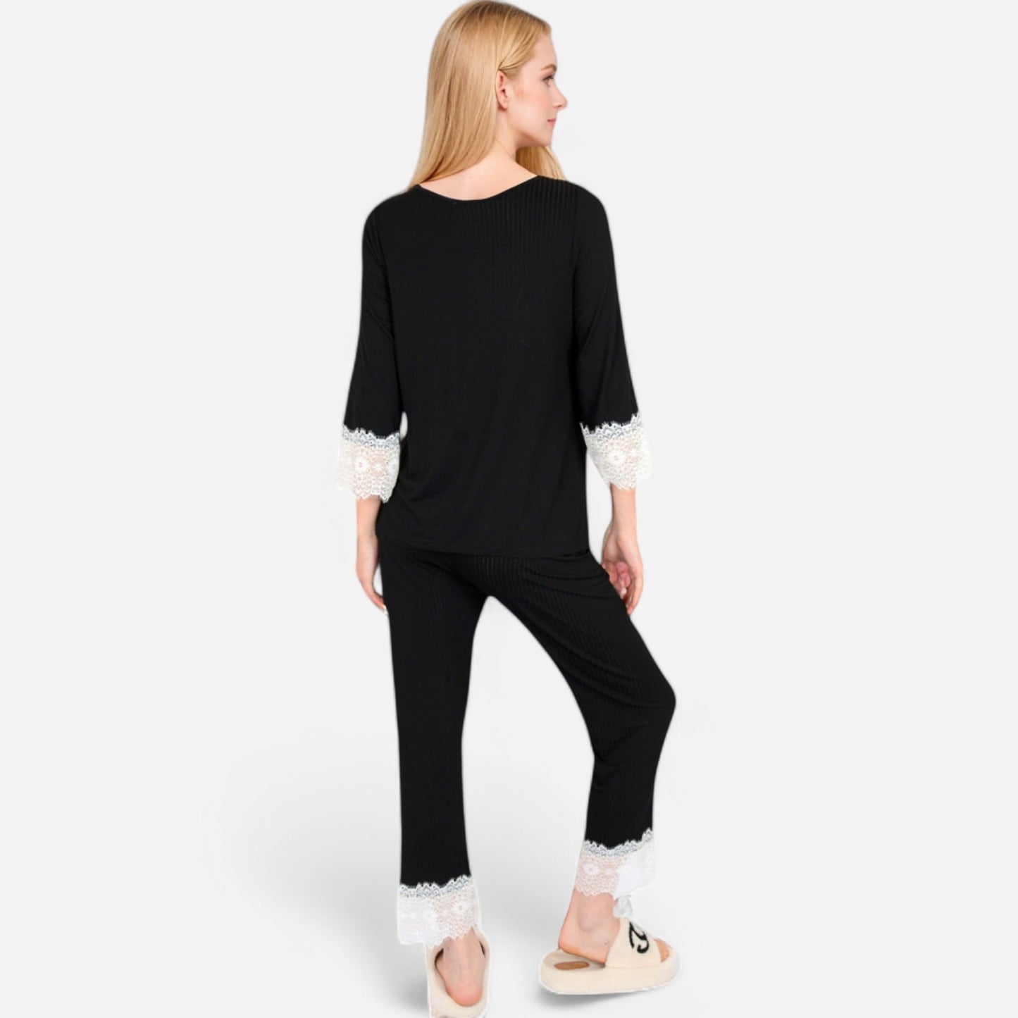 Anna-Kaci Lounge Women's Lace Trim Pajama Set with 3/4 Sleeve Top and Elastic Waist Pants