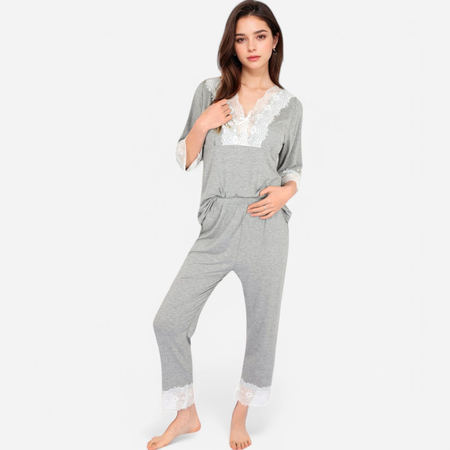 Anna-Kaci Lounge Women's Lace Trim Pajama Set with 3/4 Sleeve Top and Elastic Waist Pants