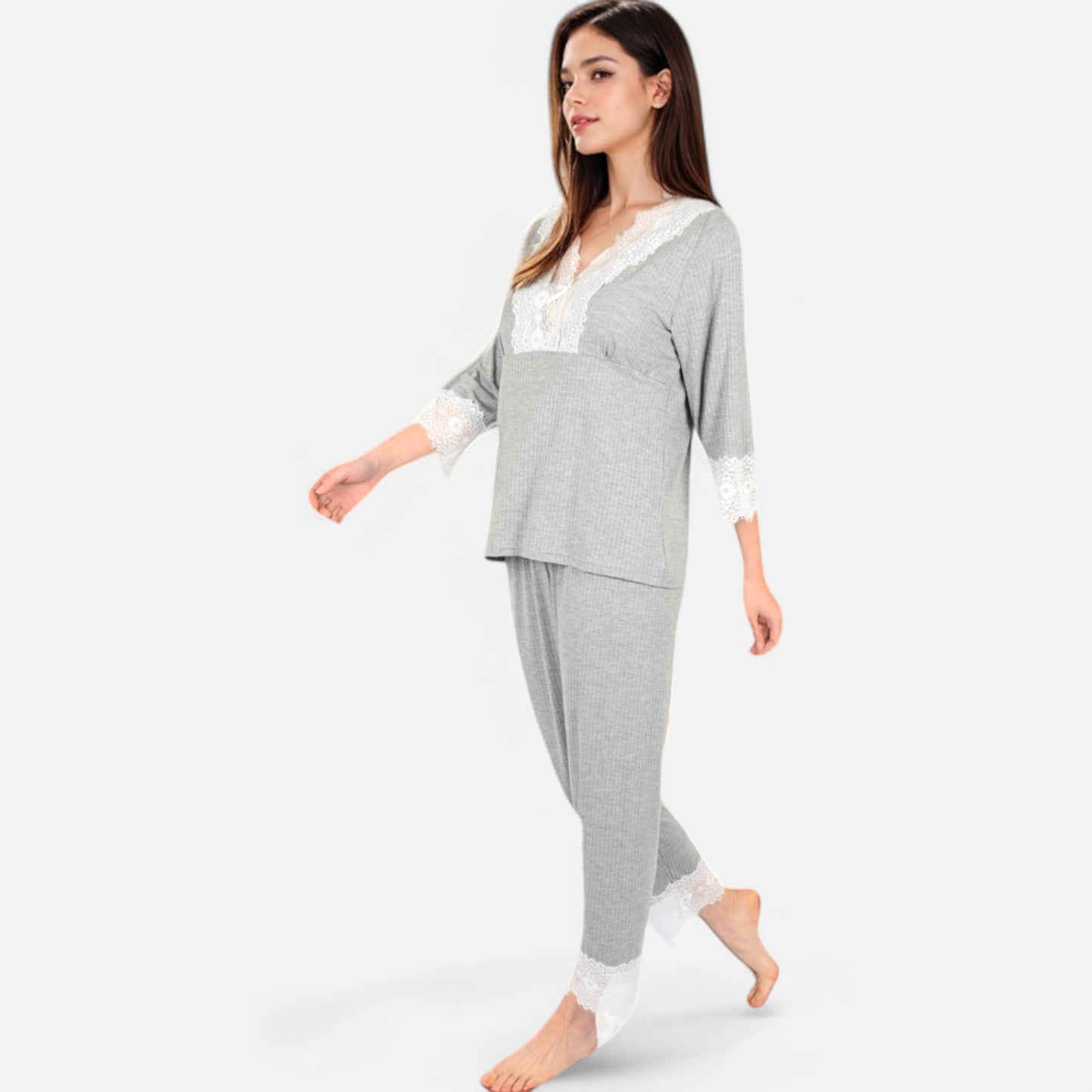 Anna-Kaci Lounge Women's Lace Trim Pajama Set with 3/4 Sleeve Top and Elastic Waist Pants