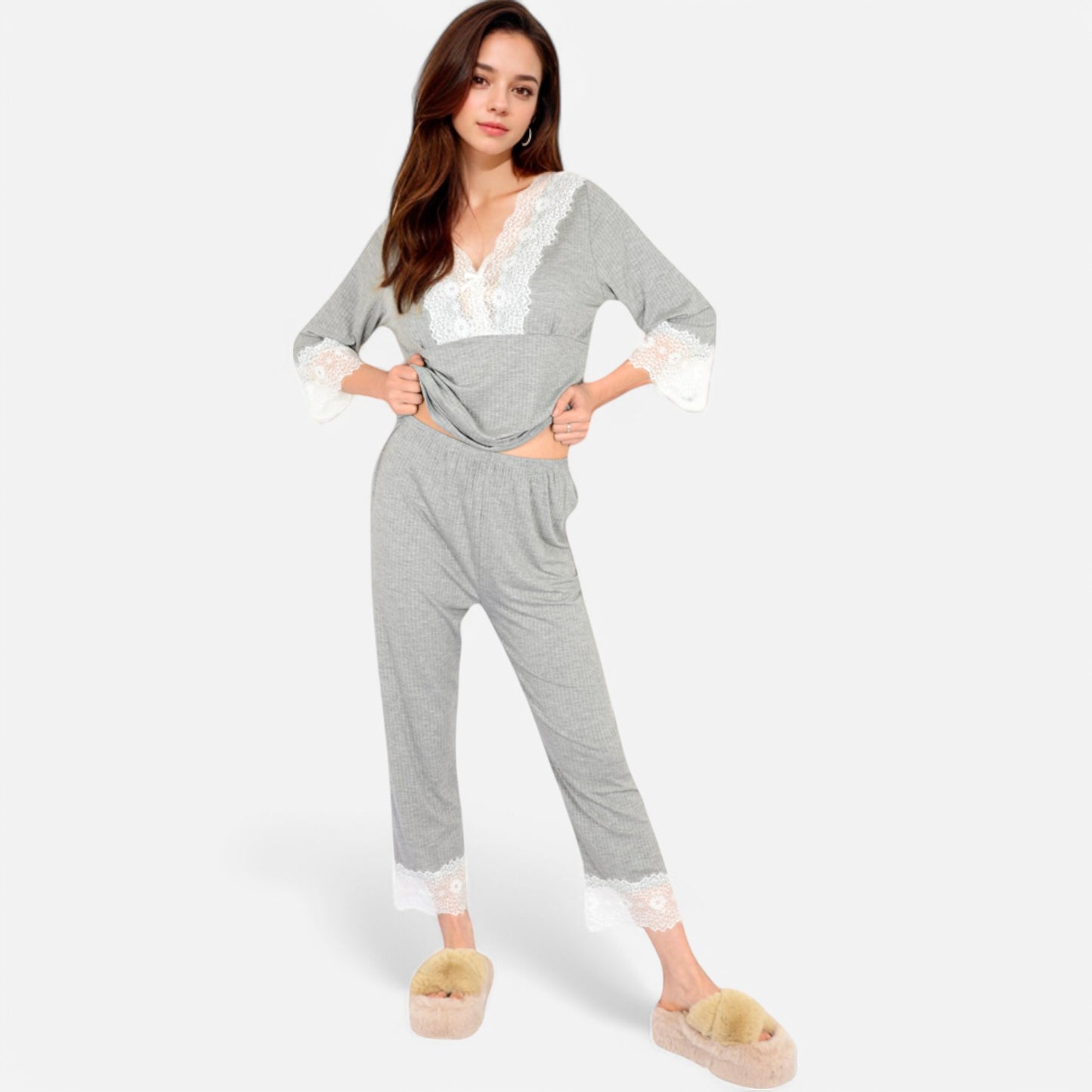 Anna-Kaci Lounge Women's Lace Trim Pajama Set with 3/4 Sleeve Top and Elastic Waist Pants