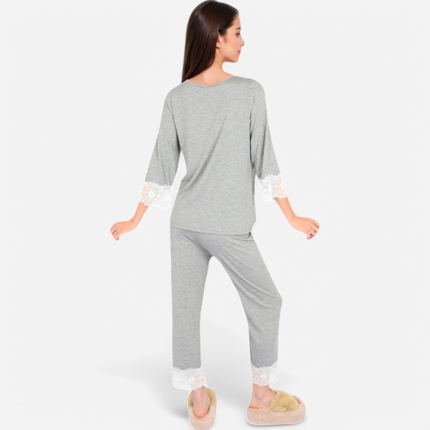 Anna-Kaci Lounge Women's Lace Trim Pajama Set with 3/4 Sleeve Top and Elastic Waist Pants