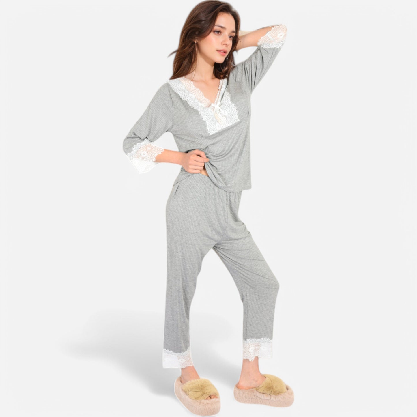 Anna-Kaci Lounge Women's Lace Trim Pajama Set with 3/4 Sleeve Top and Elastic Waist Pants