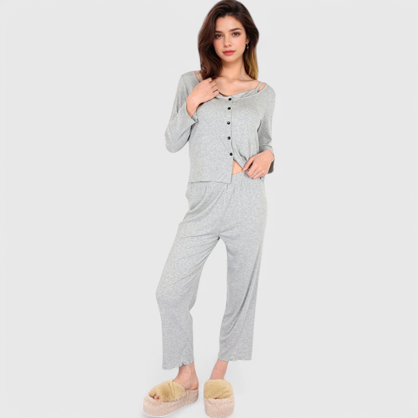 Anna-Kaci Lounge Women's 3-Piece Lounge Pajama Set with Camisole, Button-Up Top, and Wide-Leg Pants
