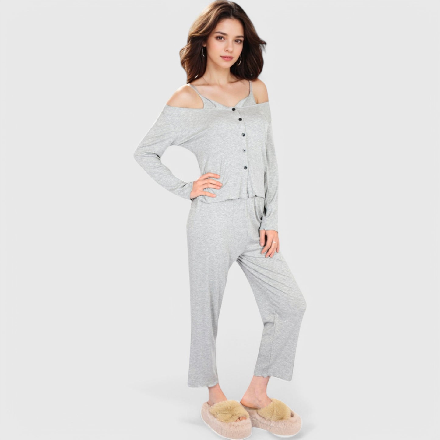 Anna-Kaci Lounge Women's 3-Piece Lounge Pajama Set with Camisole, Button-Up Top, and Wide-Leg Pants
