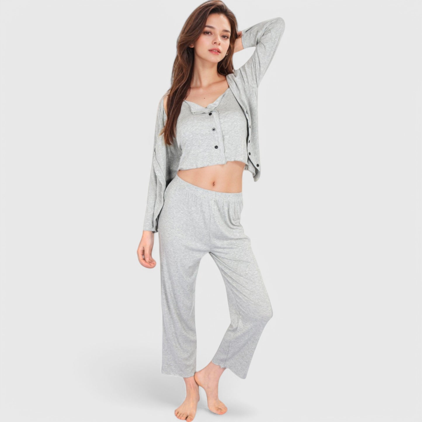 Anna-Kaci Lounge Women's 3-Piece Lounge Pajama Set with Camisole, Button-Up Top, and Wide-Leg Pants