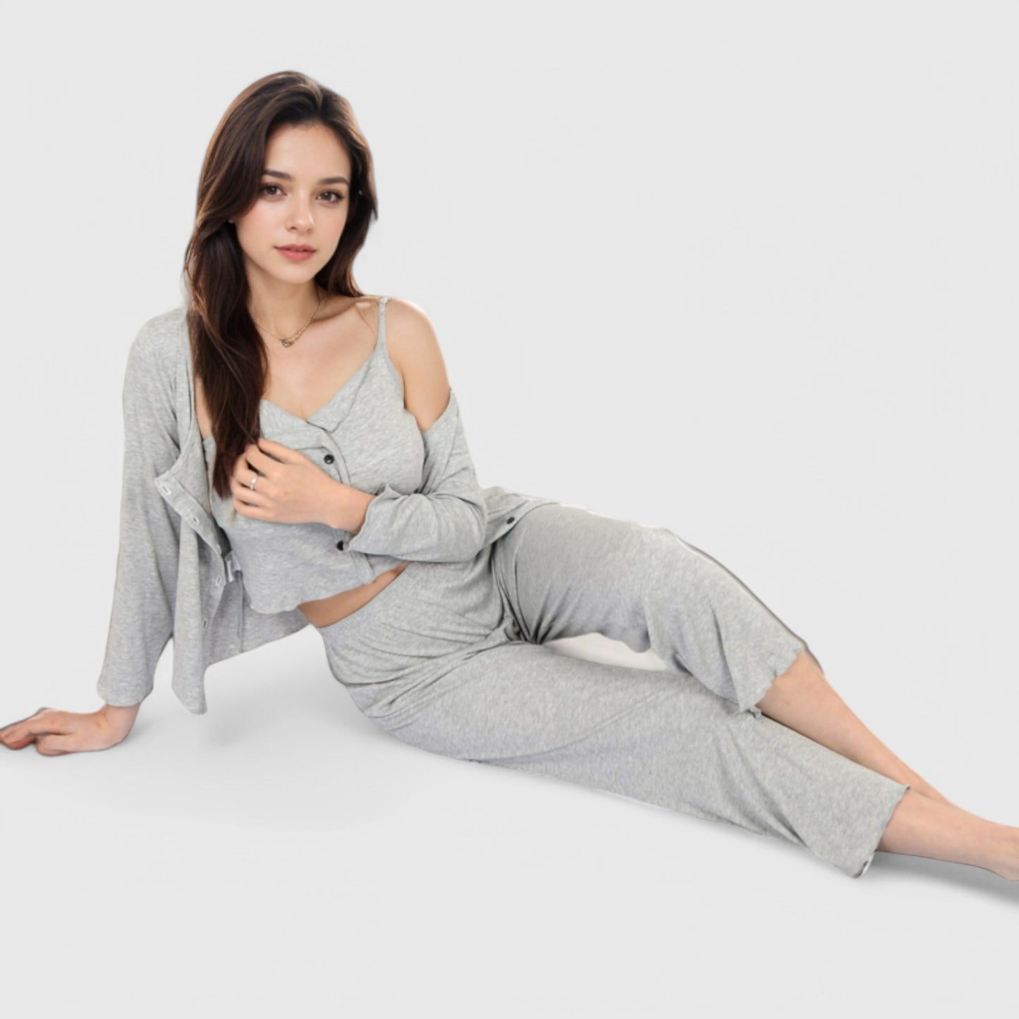 Anna-Kaci Lounge Women's 3-Piece Lounge Pajama Set with Camisole, Button-Up Top, and Wide-Leg Pants