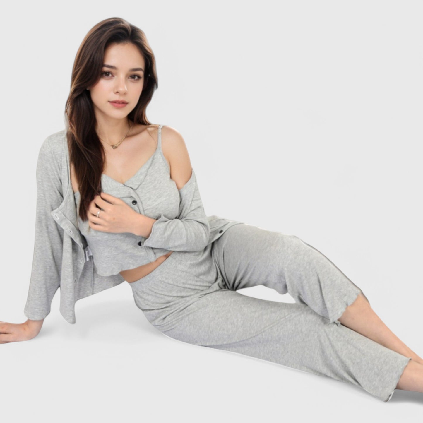 Anna-Kaci Lounge Women's 3-Piece Lounge Pajama Set with Camisole, Button-Up Top, and Wide-Leg Pants