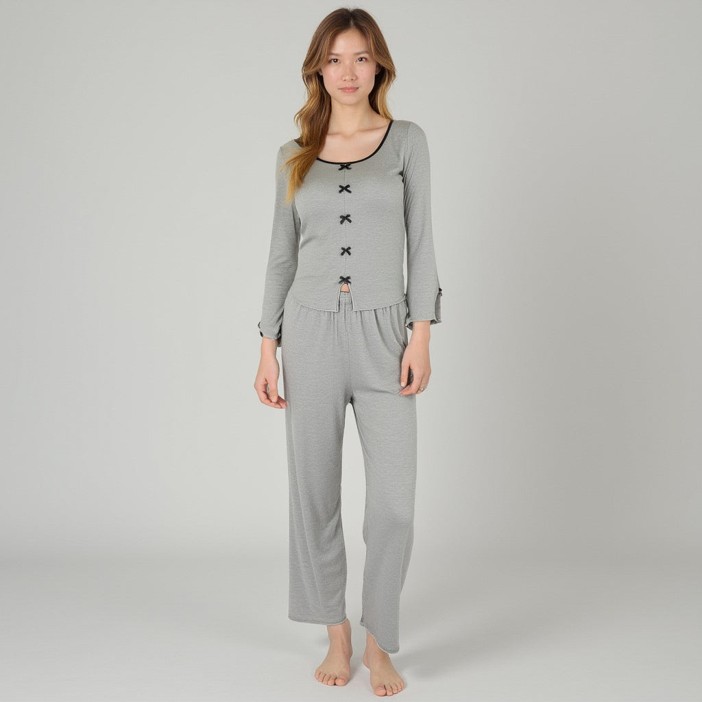 Anna-Kaci Lounge Women's Long Sleeve Pajama Set with Decorative Bows and Soft Wide Leg Pants