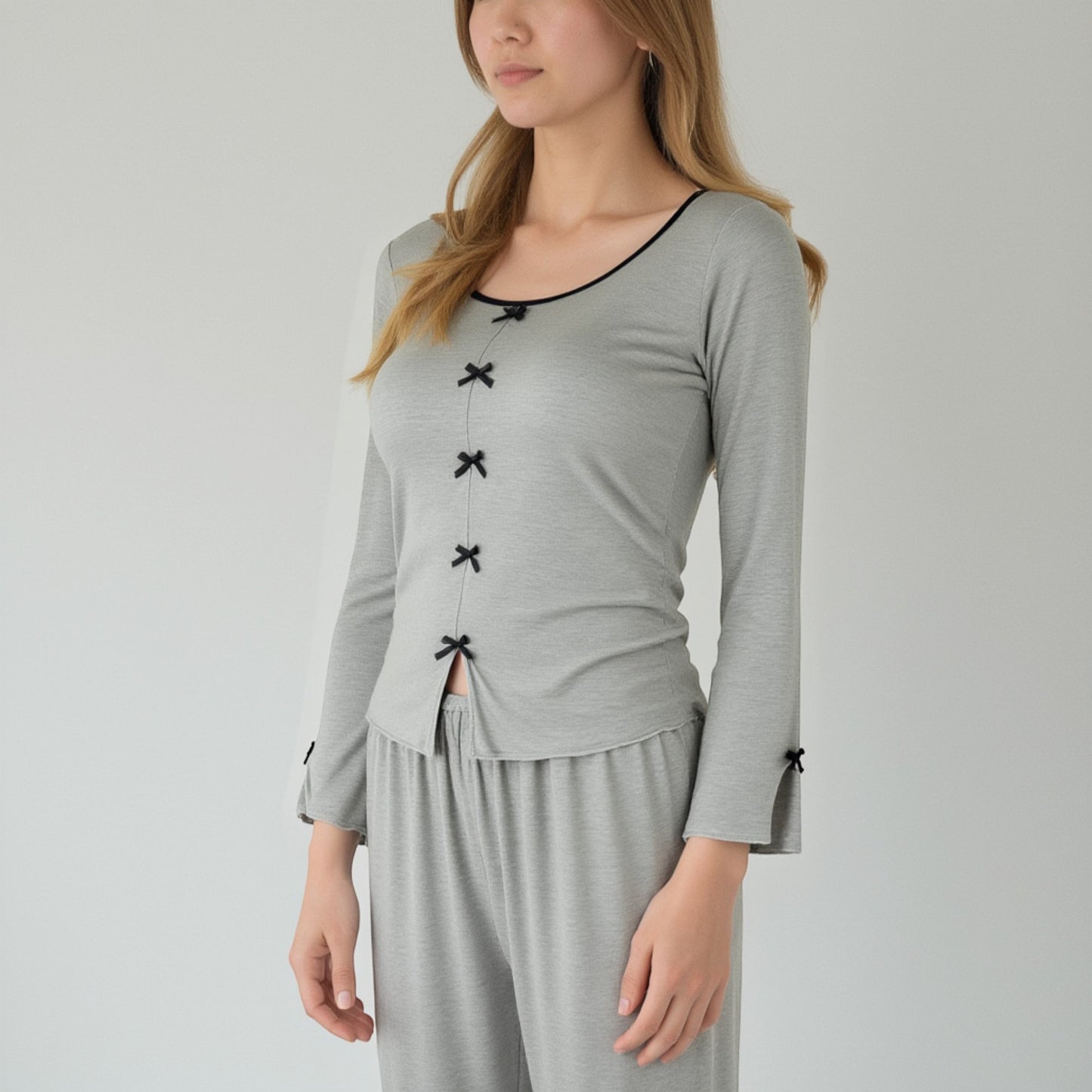 Anna-Kaci Lounge Women's Long Sleeve Pajama Set with Decorative Bows and Soft Wide Leg Pants