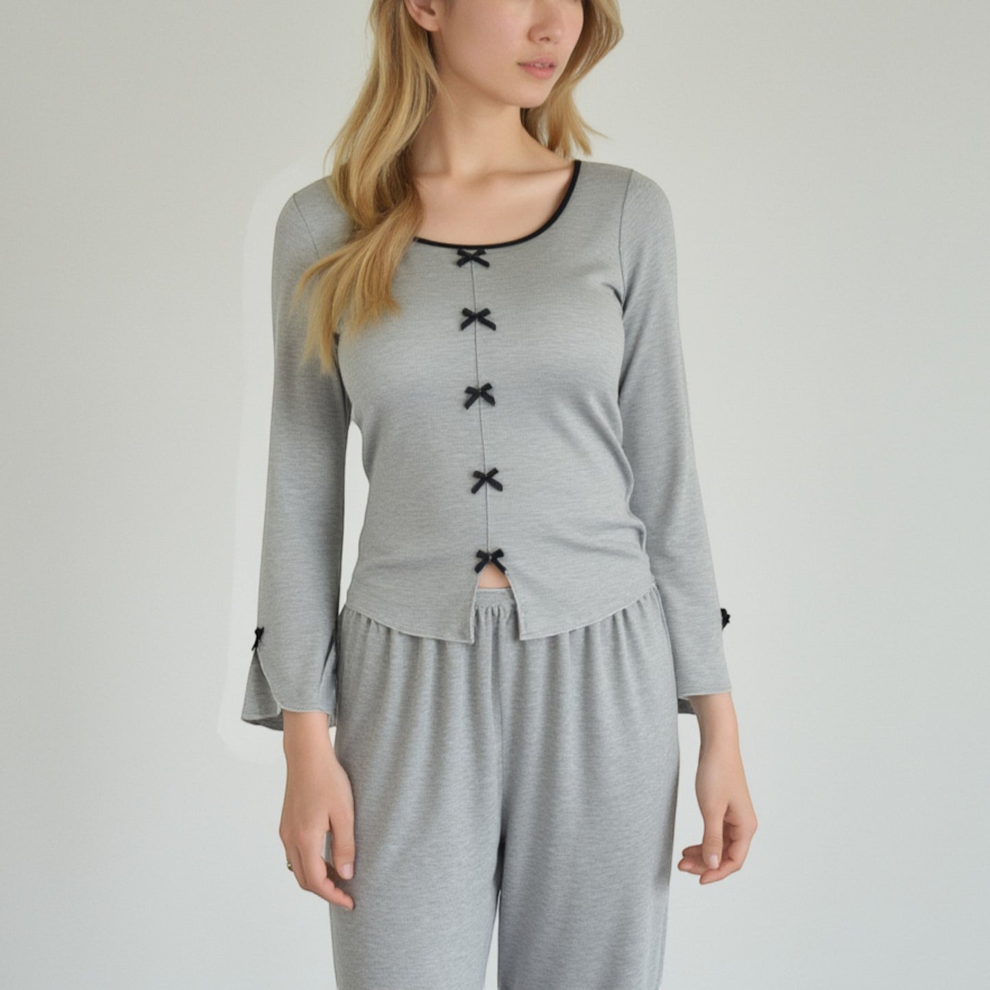 Anna-Kaci Lounge Women's Long Sleeve Pajama Set with Decorative Bows and Soft Wide Leg Pants