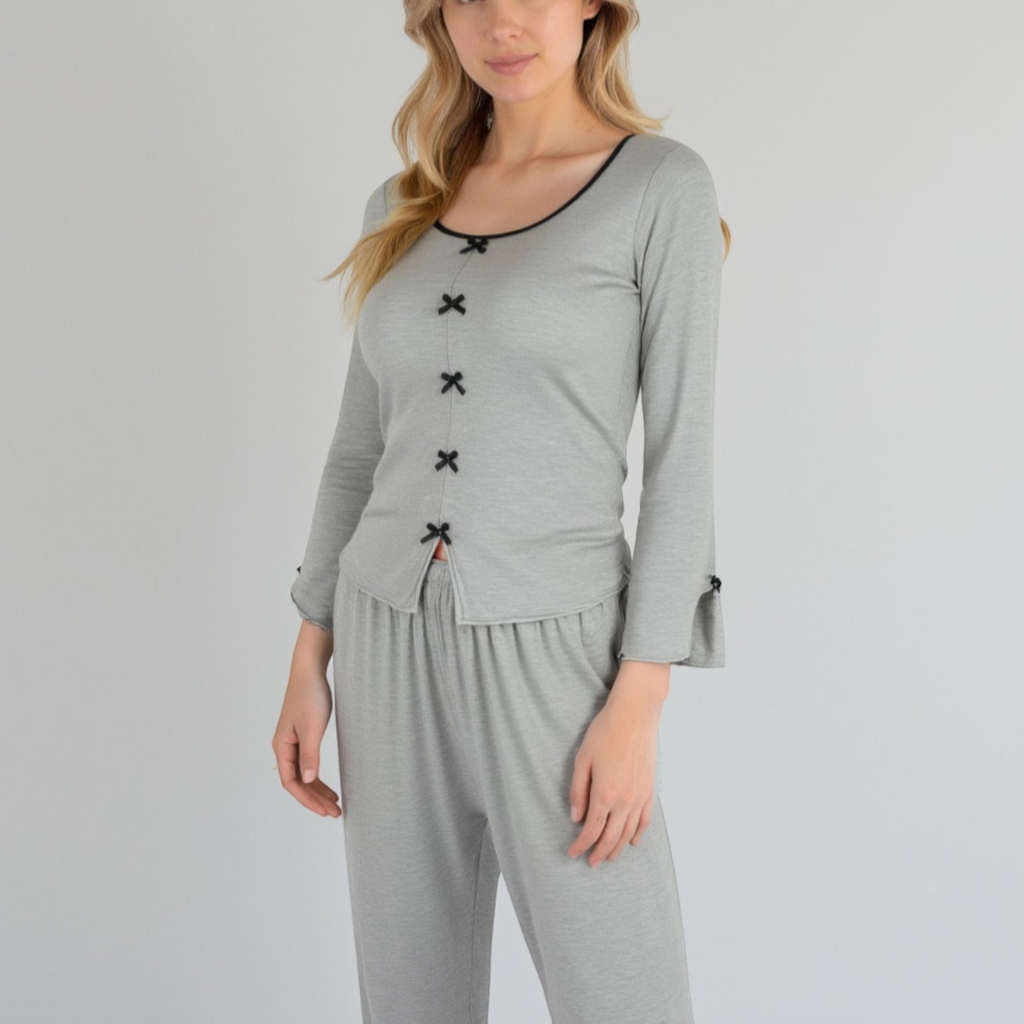 Anna-Kaci Lounge Women's Long Sleeve Pajama Set with Decorative Bows and Soft Wide Leg Pants