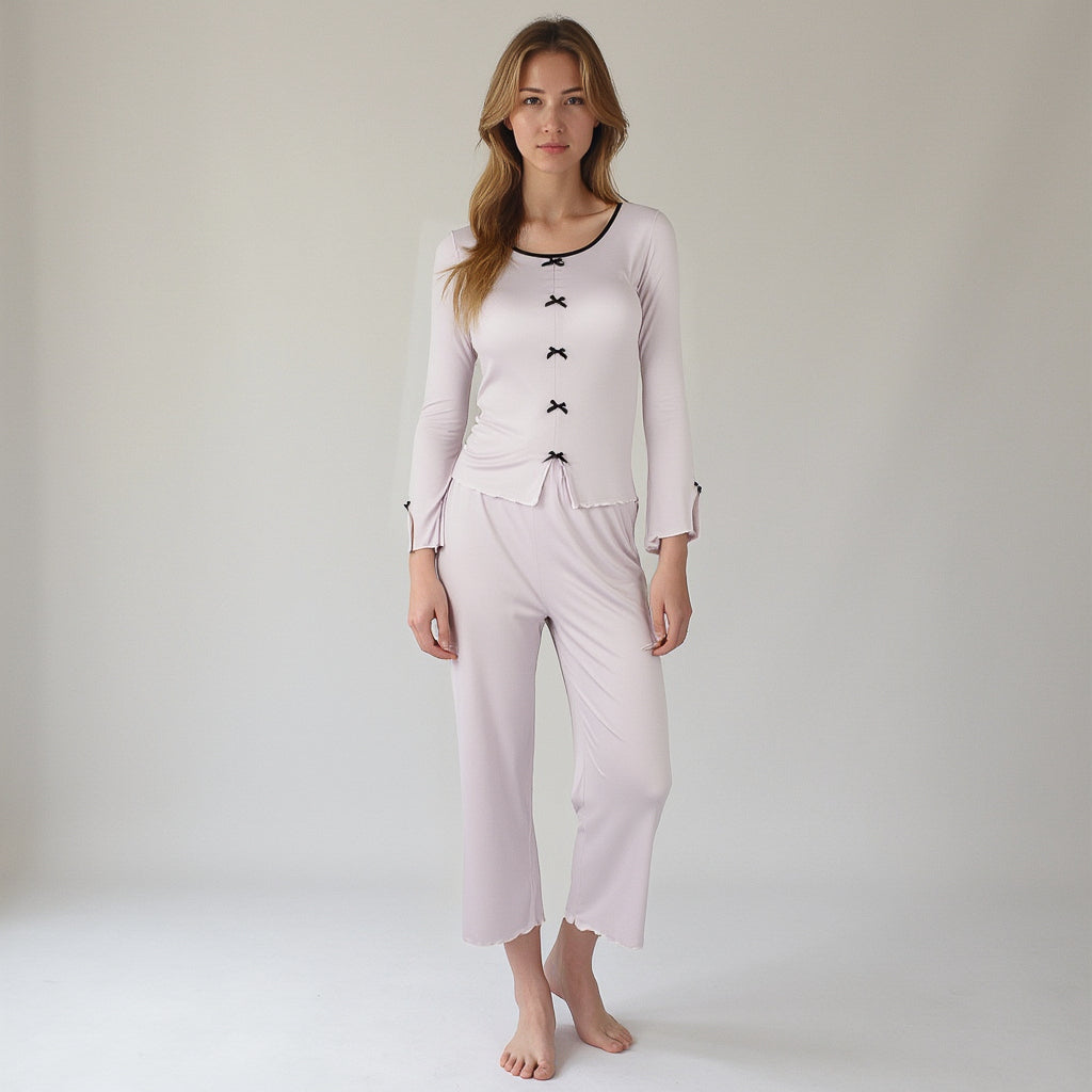 Anna-Kaci Lounge Women's Long Sleeve Pajama Set with Decorative Bows and Soft Wide Leg Pants