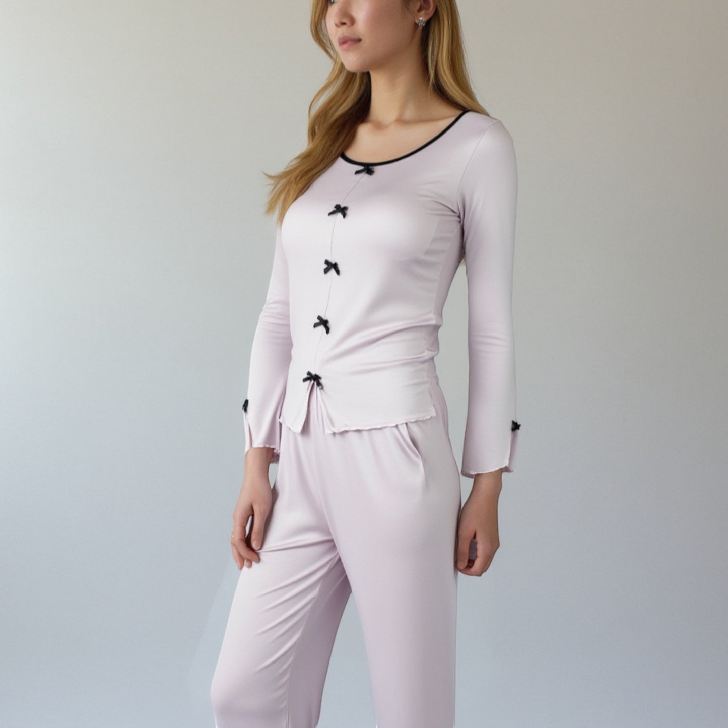 Anna-Kaci Lounge Women's Long Sleeve Pajama Set with Decorative Bows and Soft Wide Leg Pants