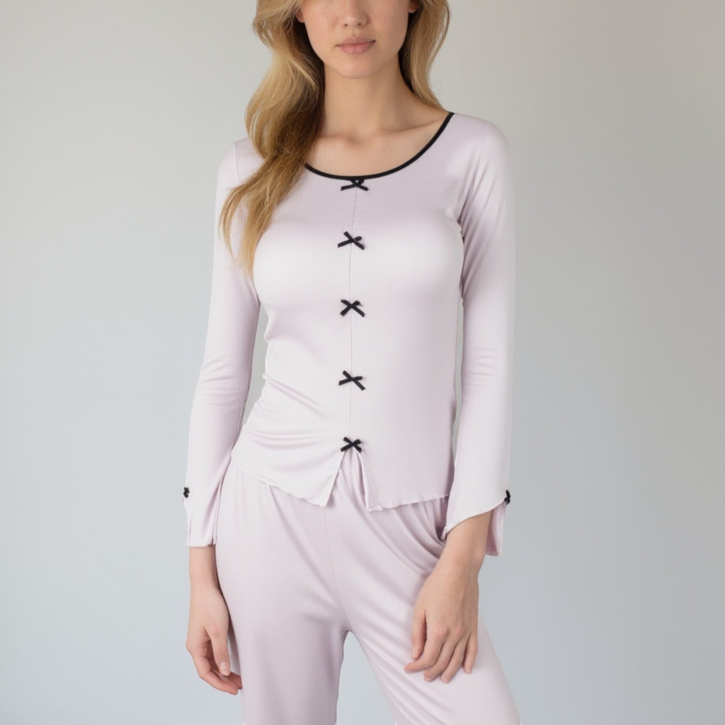Anna-Kaci Lounge Women's Long Sleeve Pajama Set with Decorative Bows and Soft Wide Leg Pants