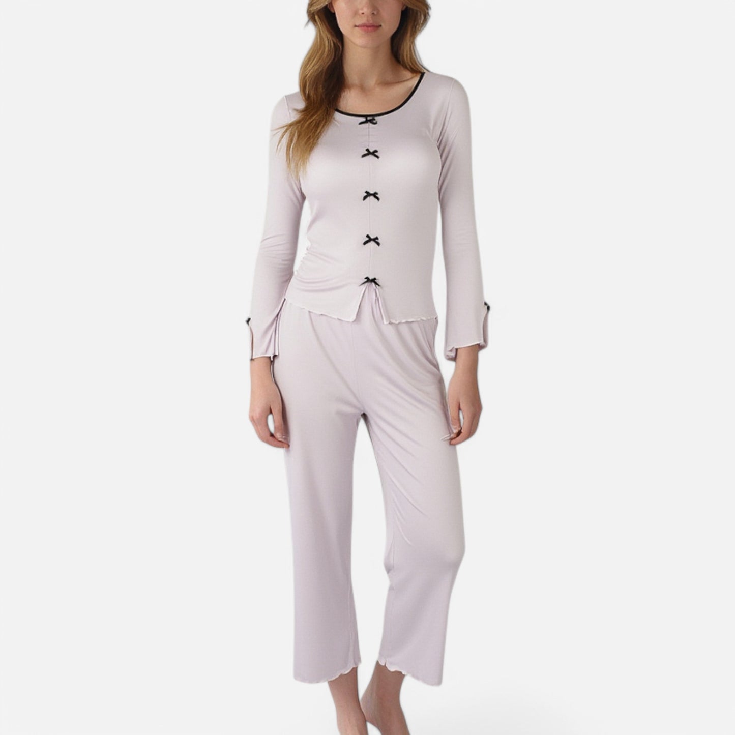 Anna-Kaci Lounge Women's Long Sleeve Pajama Set with Decorative Bows and Soft Wide Leg Pants