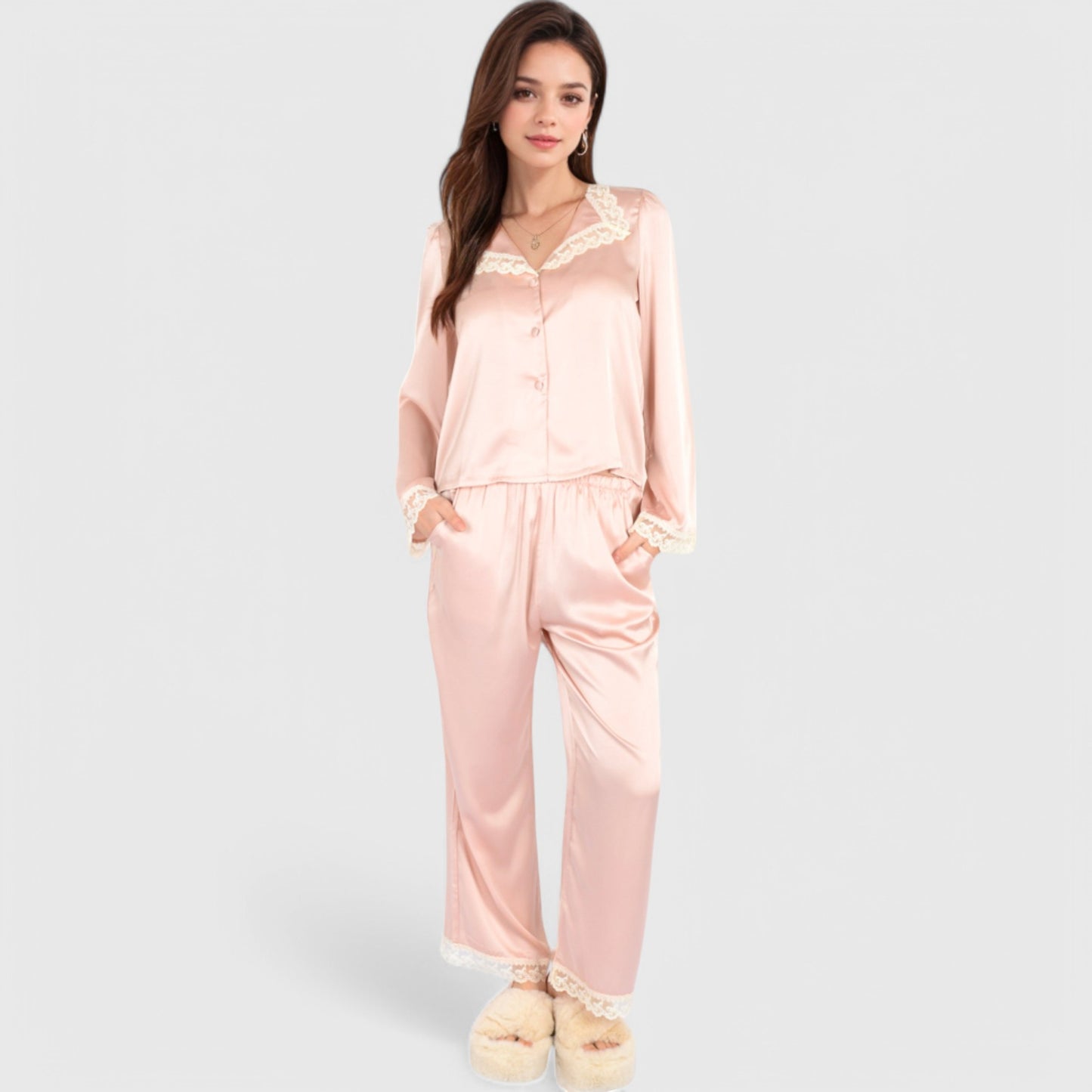 Anna-Kaci Lounge Women's Satin Pajama Set with Lace Trim and Button-Up Long Sleeve Top