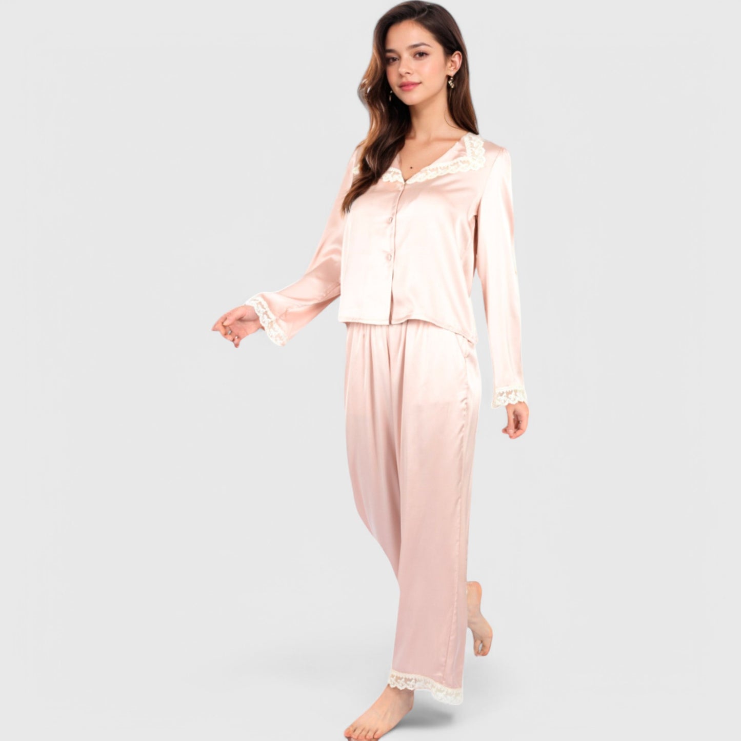Anna-Kaci Lounge Women's Satin Pajama Set with Lace Trim and Button-Up Long Sleeve Top