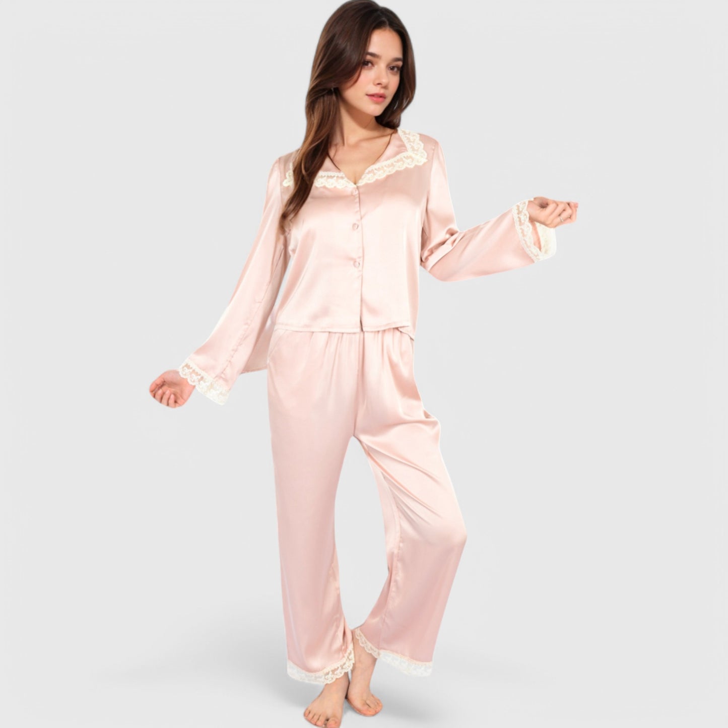 Anna-Kaci Lounge Women's Satin Pajama Set with Lace Trim and Button-Up Long Sleeve Top