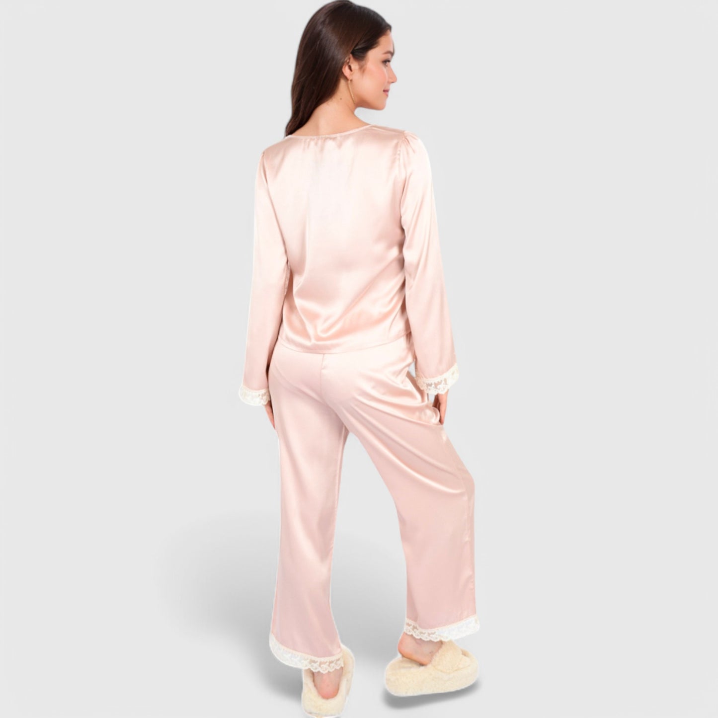 Anna-Kaci Lounge Women's Satin Pajama Set with Lace Trim and Button-Up Long Sleeve Top