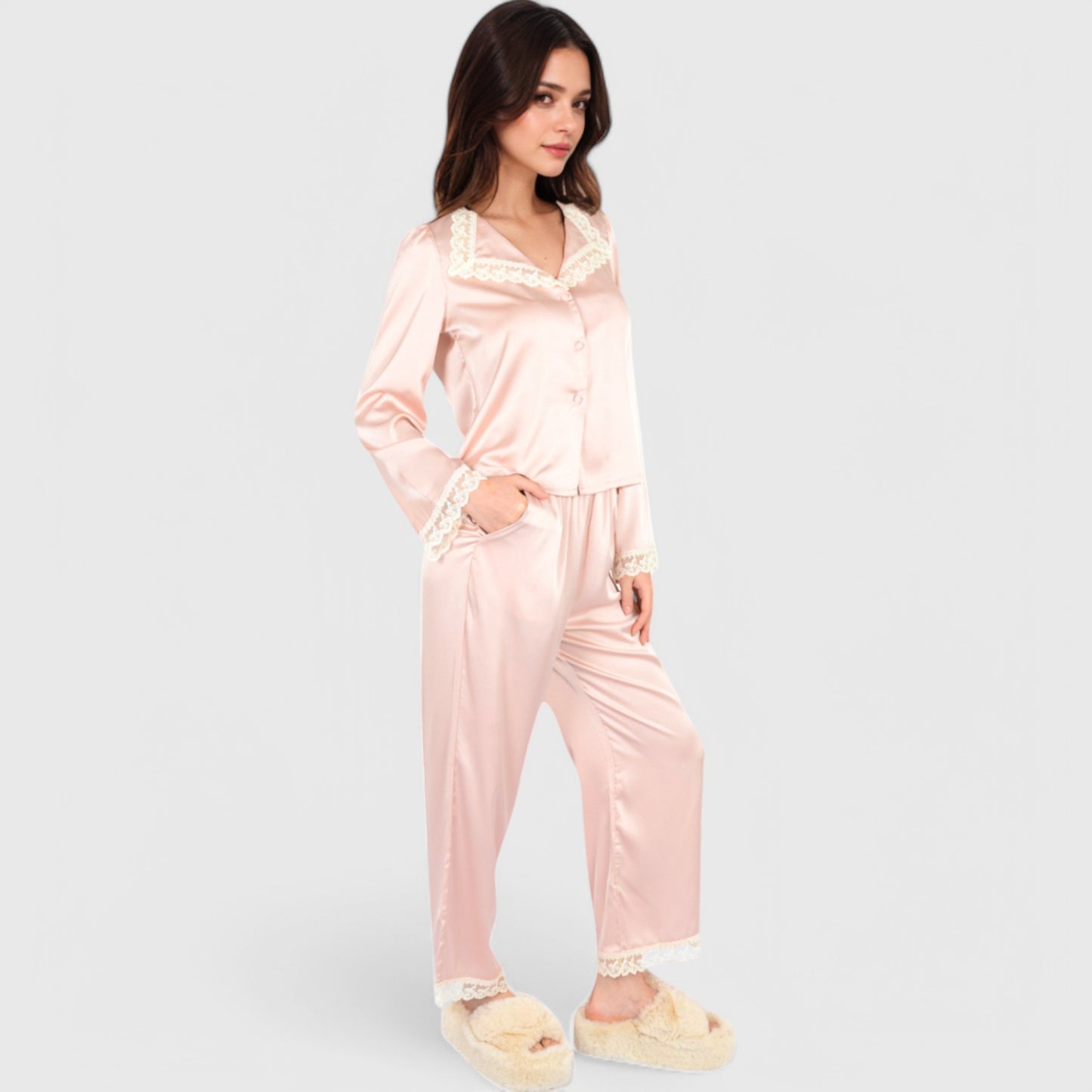 Anna-Kaci Lounge Women's Satin Pajama Set with Lace Trim and Button-Up Long Sleeve Top