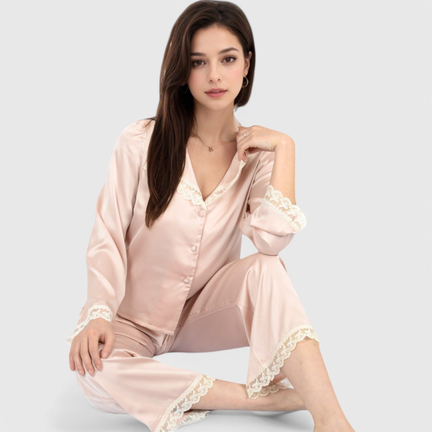 Anna-Kaci Lounge Women's Satin Pajama Set with Lace Trim and Button-Up Long Sleeve Top