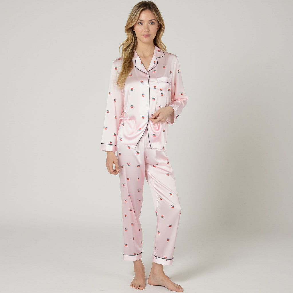 Anna-Kaci Lounge Women's Satin Long Sleeve Pajama Set with Mini Bow Print Button-Up Top and Chest Pocket