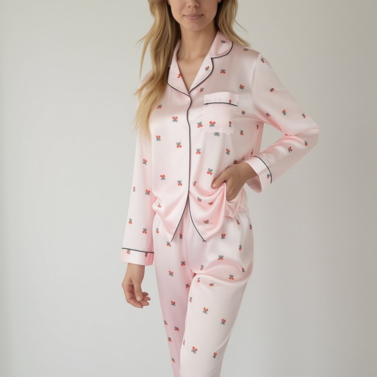 Anna-Kaci Lounge Women's Satin Long Sleeve Pajama Set with Mini Bow Print Button-Up Top and Chest Pocket