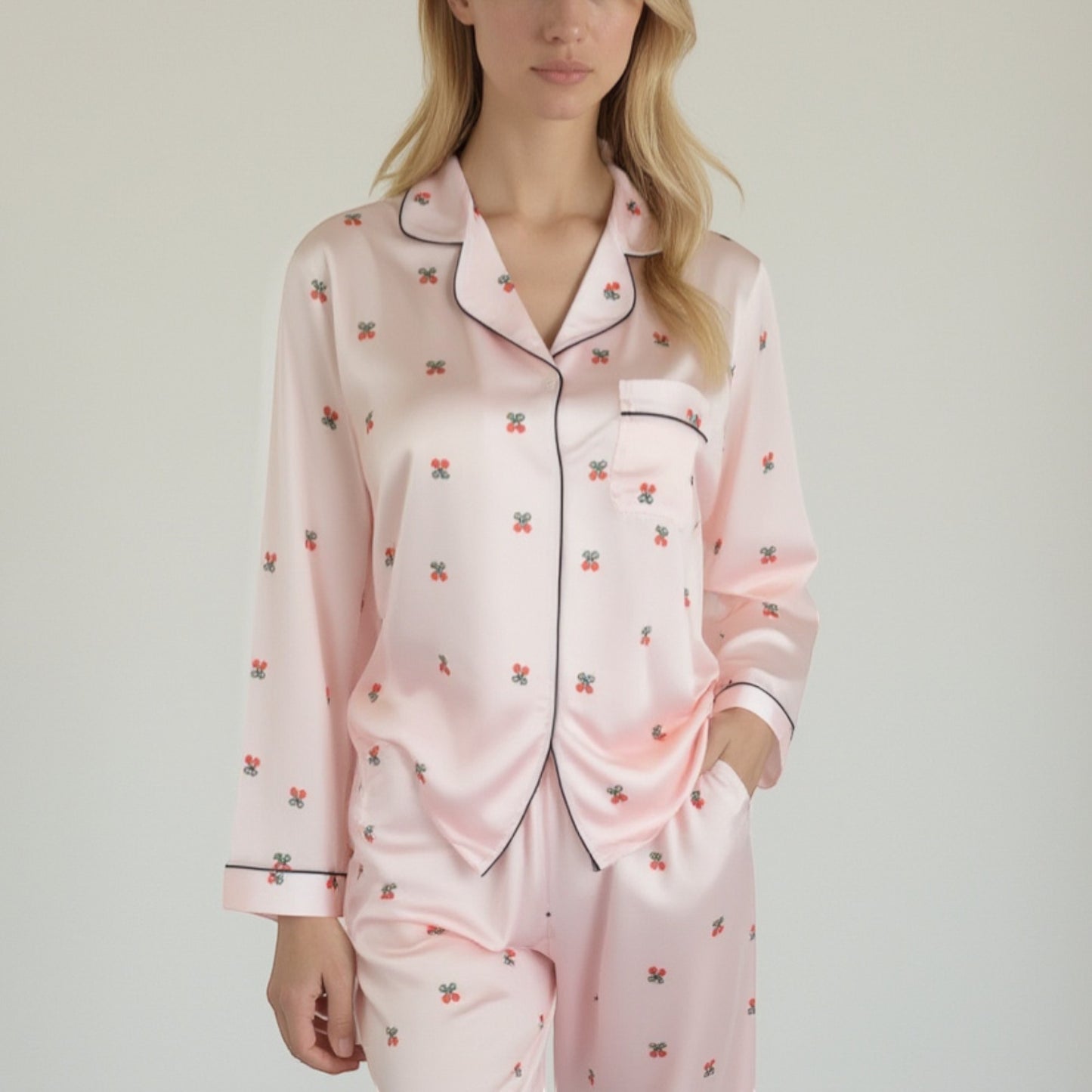Anna-Kaci Lounge Women's Satin Long Sleeve Pajama Set with Mini Bow Print Button-Up Top and Chest Pocket