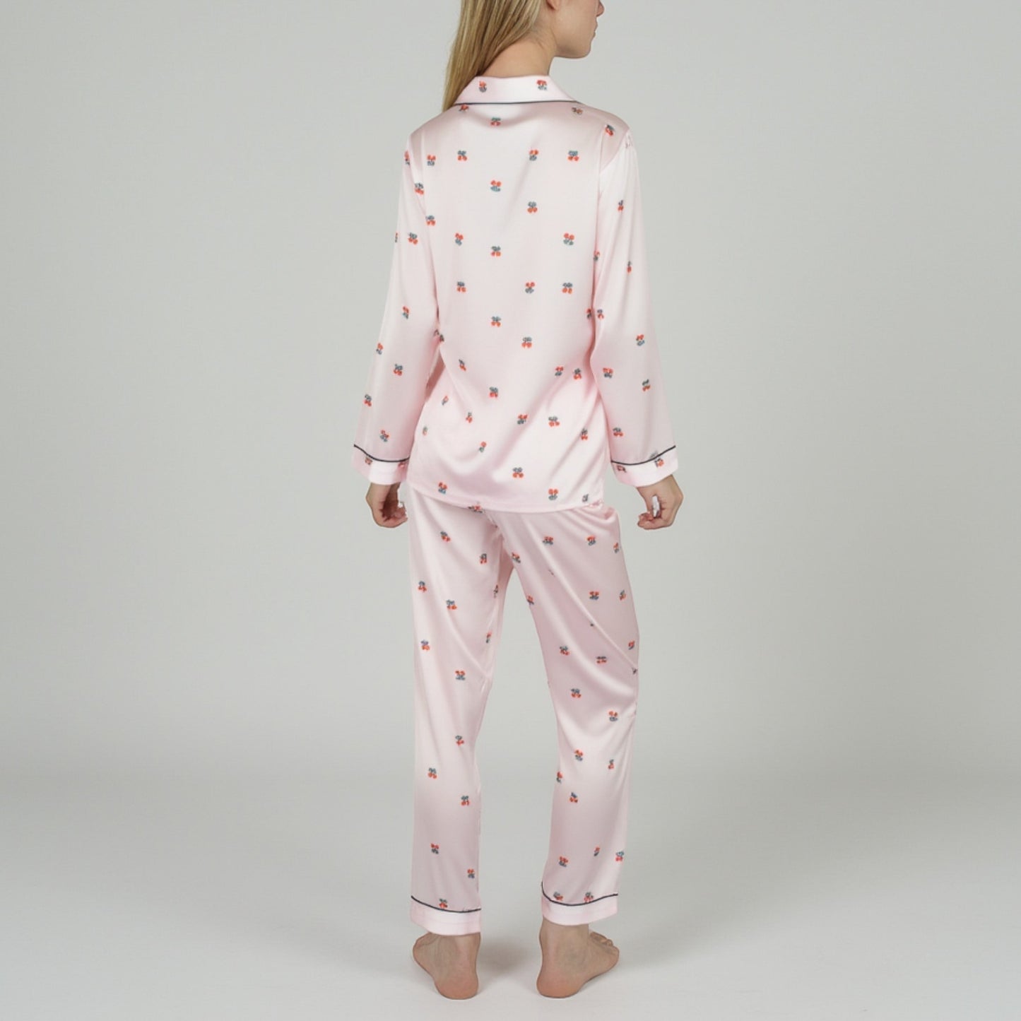 Anna-Kaci Lounge Women's Satin Long Sleeve Pajama Set with Mini Bow Print Button-Up Top and Chest Pocket