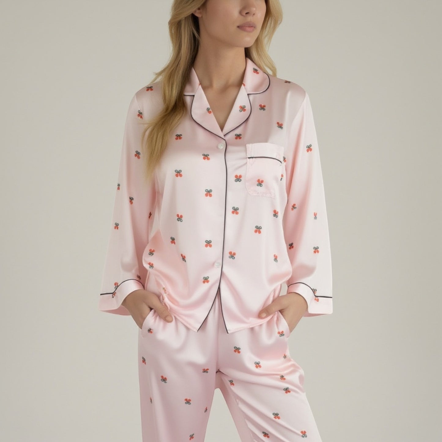 Anna-Kaci Lounge Women's Satin Long Sleeve Pajama Set with Mini Bow Print Button-Up Top and Chest Pocket