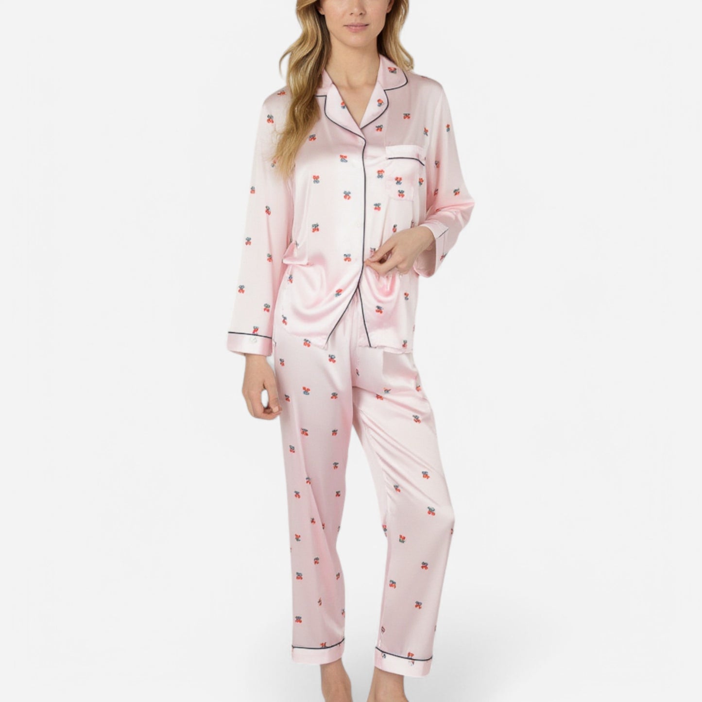 Anna-Kaci Lounge Women's Satin Long Sleeve Pajama Set with Mini Bow Print Button-Up Top and Chest Pocket