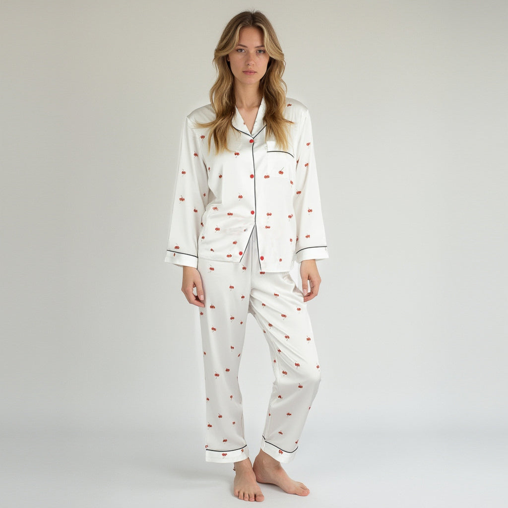 Anna-Kaci Lounge Women's Satin Long Sleeve Pajama Set with Mini Bow Print Button-Up Top and Chest Pocket