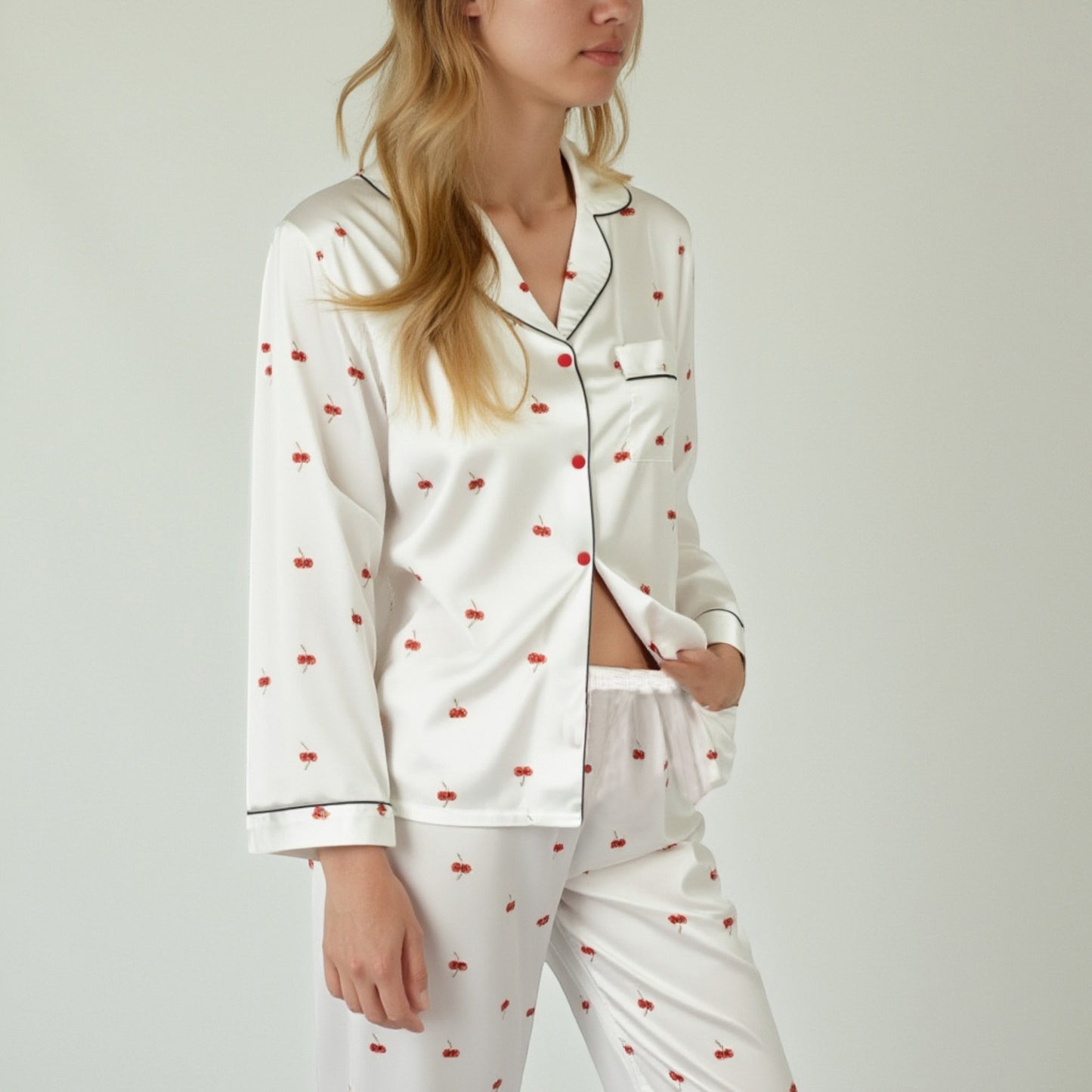 Anna-Kaci Lounge Women's Satin Long Sleeve Pajama Set with Mini Bow Print Button-Up Top and Chest Pocket