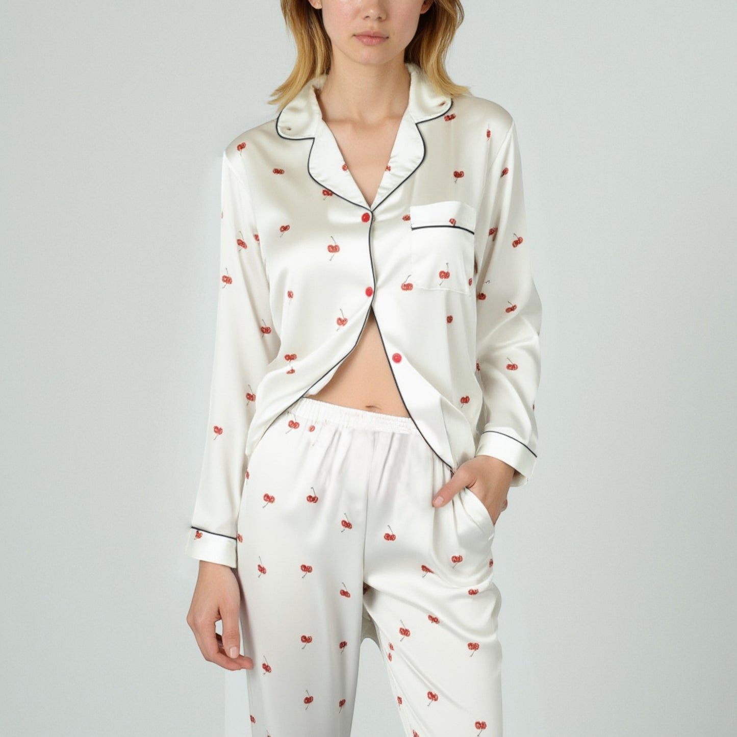 Anna-Kaci Lounge Women's Satin Long Sleeve Pajama Set with Mini Bow Print Button-Up Top and Chest Pocket