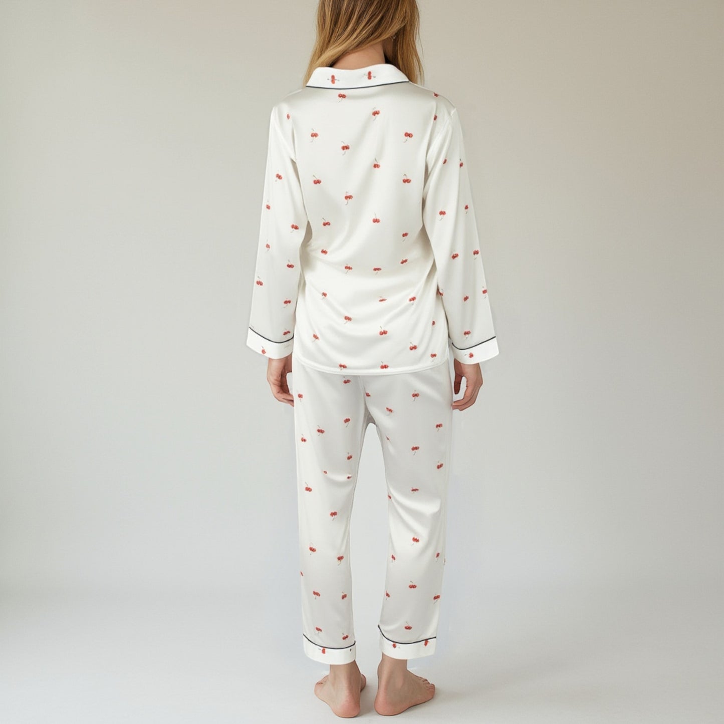 Anna-Kaci Lounge Women's Satin Long Sleeve Pajama Set with Mini Bow Print Button-Up Top and Chest Pocket