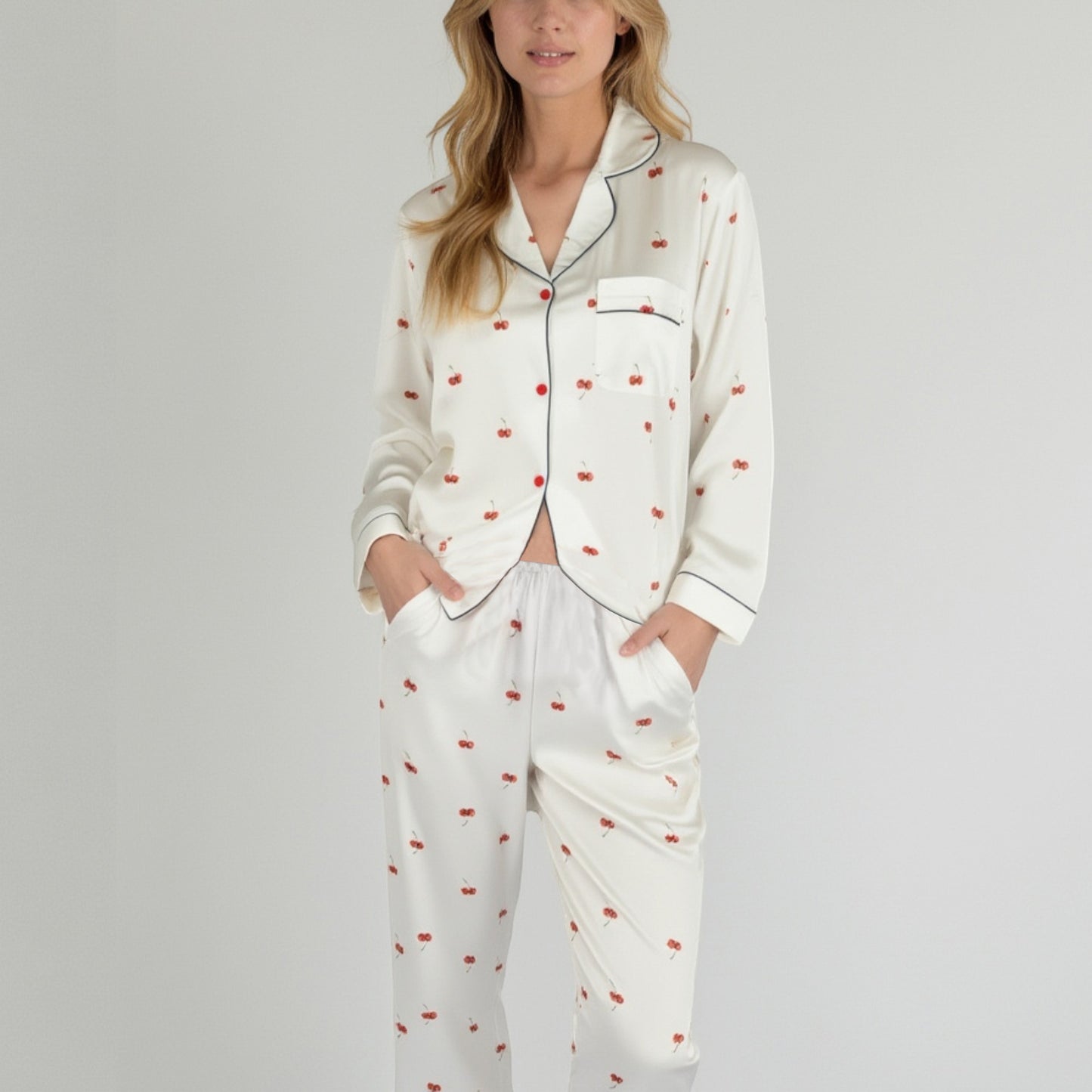Anna-Kaci Lounge Women's Satin Long Sleeve Pajama Set with Mini Bow Print Button-Up Top and Chest Pocket