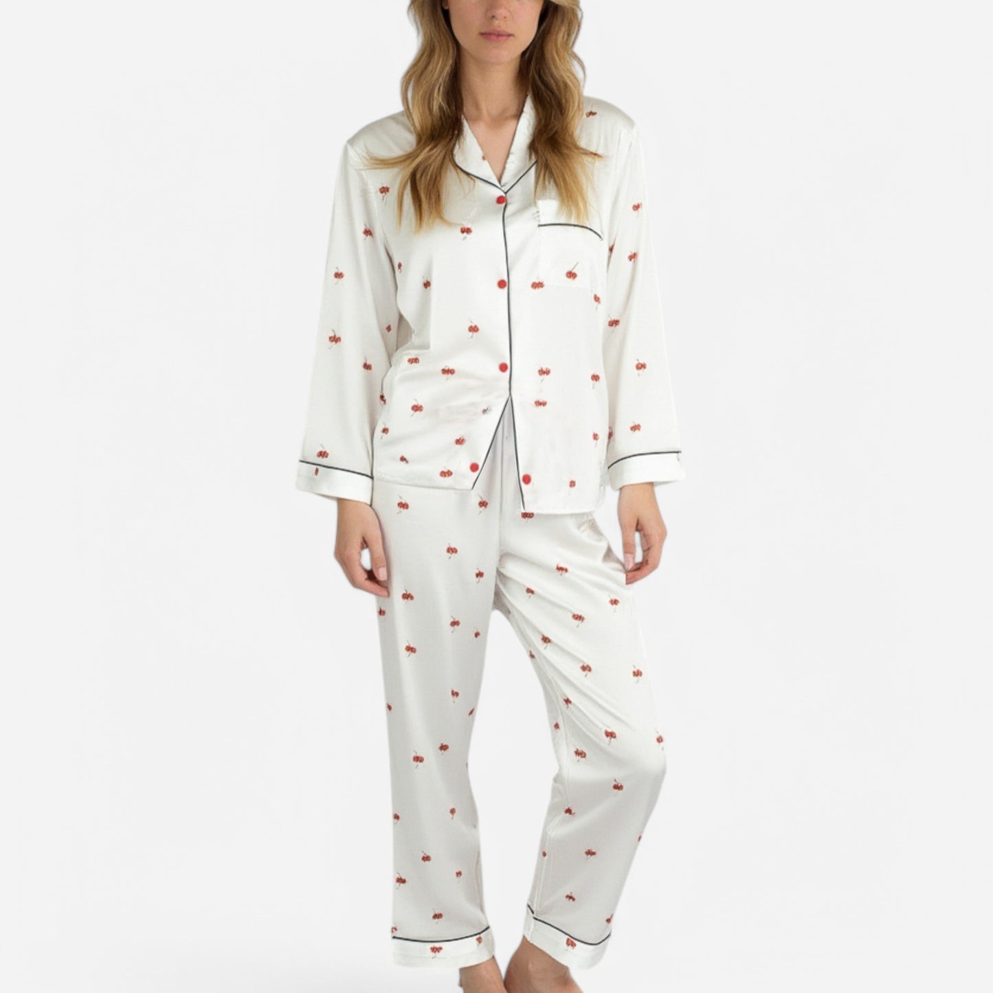 Anna-Kaci Lounge Women's Satin Long Sleeve Pajama Set with Mini Bow Print Button-Up Top and Chest Pocket