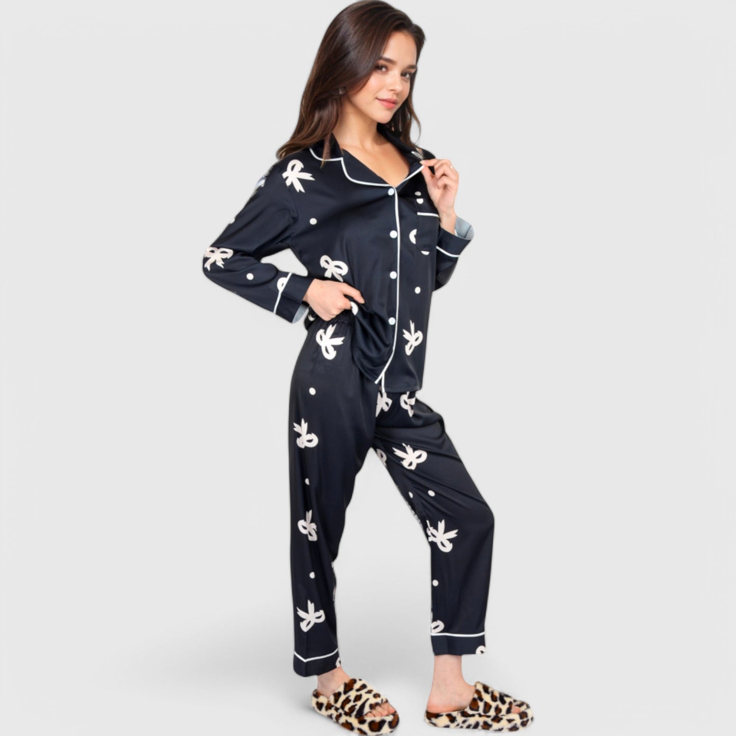 Anna-Kaci Lounge Women's Printed Satin Pajama Set with Button-Up Long Sleeve Top and Piping Detail