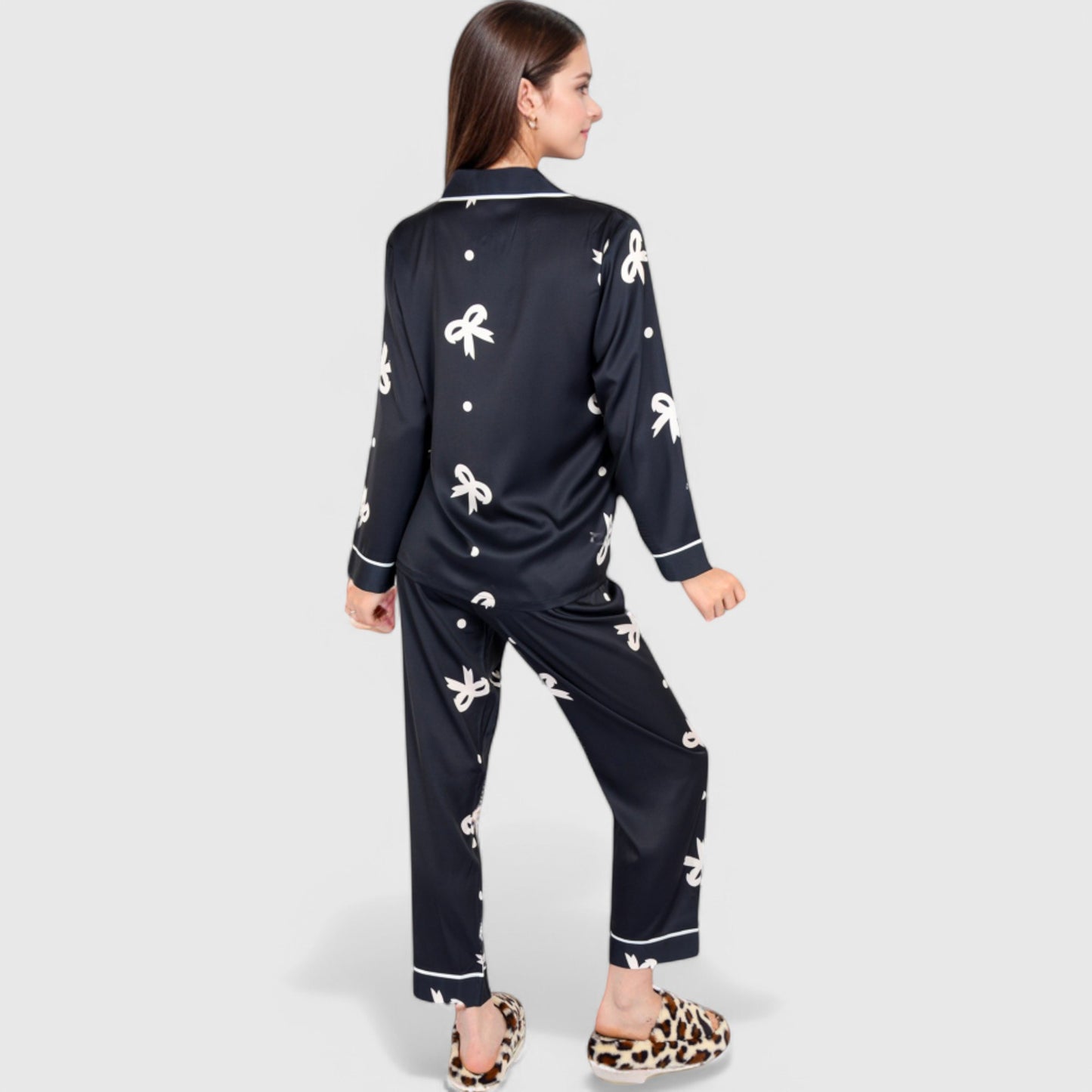 Anna-Kaci Lounge Women's Printed Satin Pajama Set with Button-Up Long Sleeve Top and Piping Detail