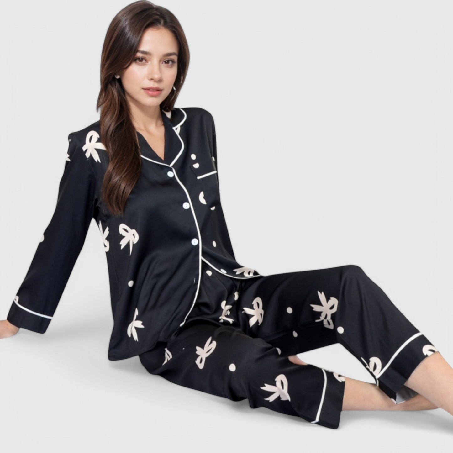 Anna-Kaci Lounge Women's Printed Satin Pajama Set with Button-Up Long Sleeve Top and Piping Detail