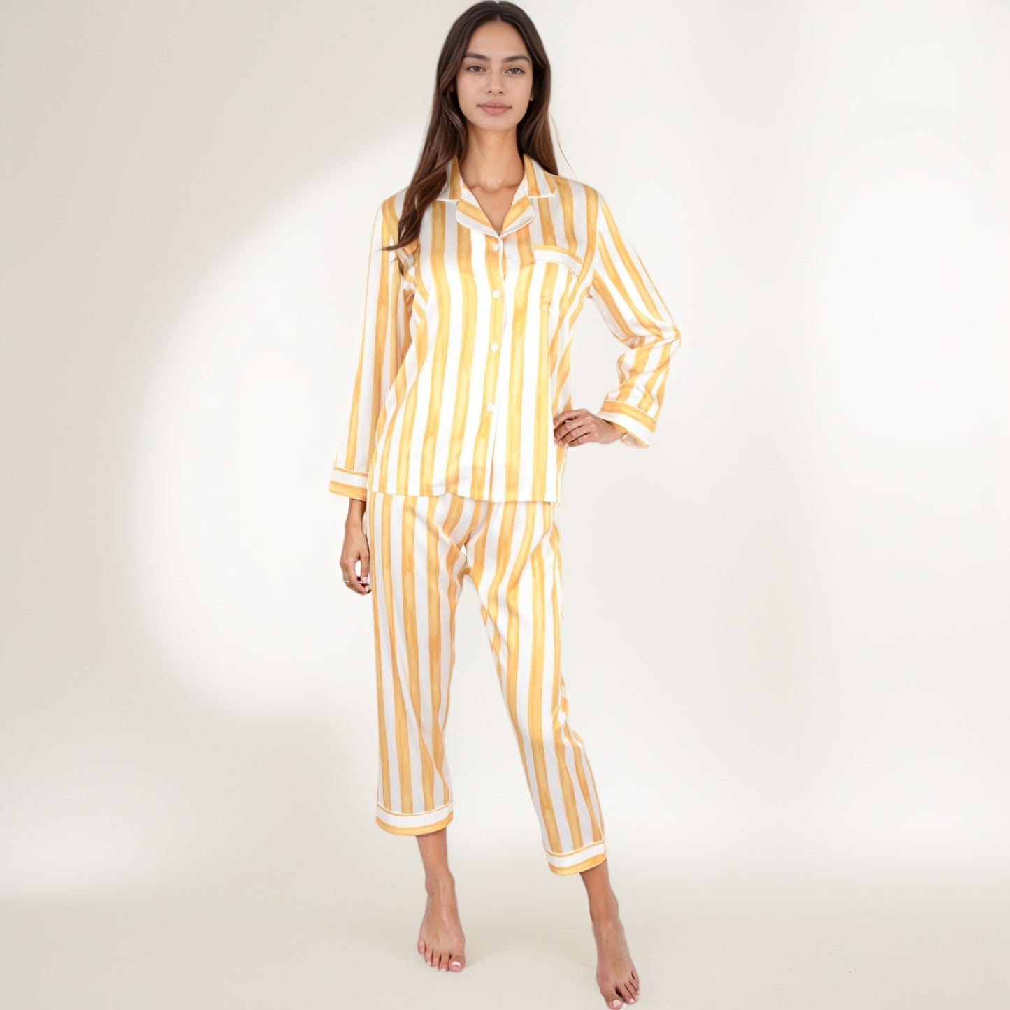 Anna-Kaci Lounge Women's Striped Satin Pajama Set with Long Sleeve Button Top and Cropped Pants