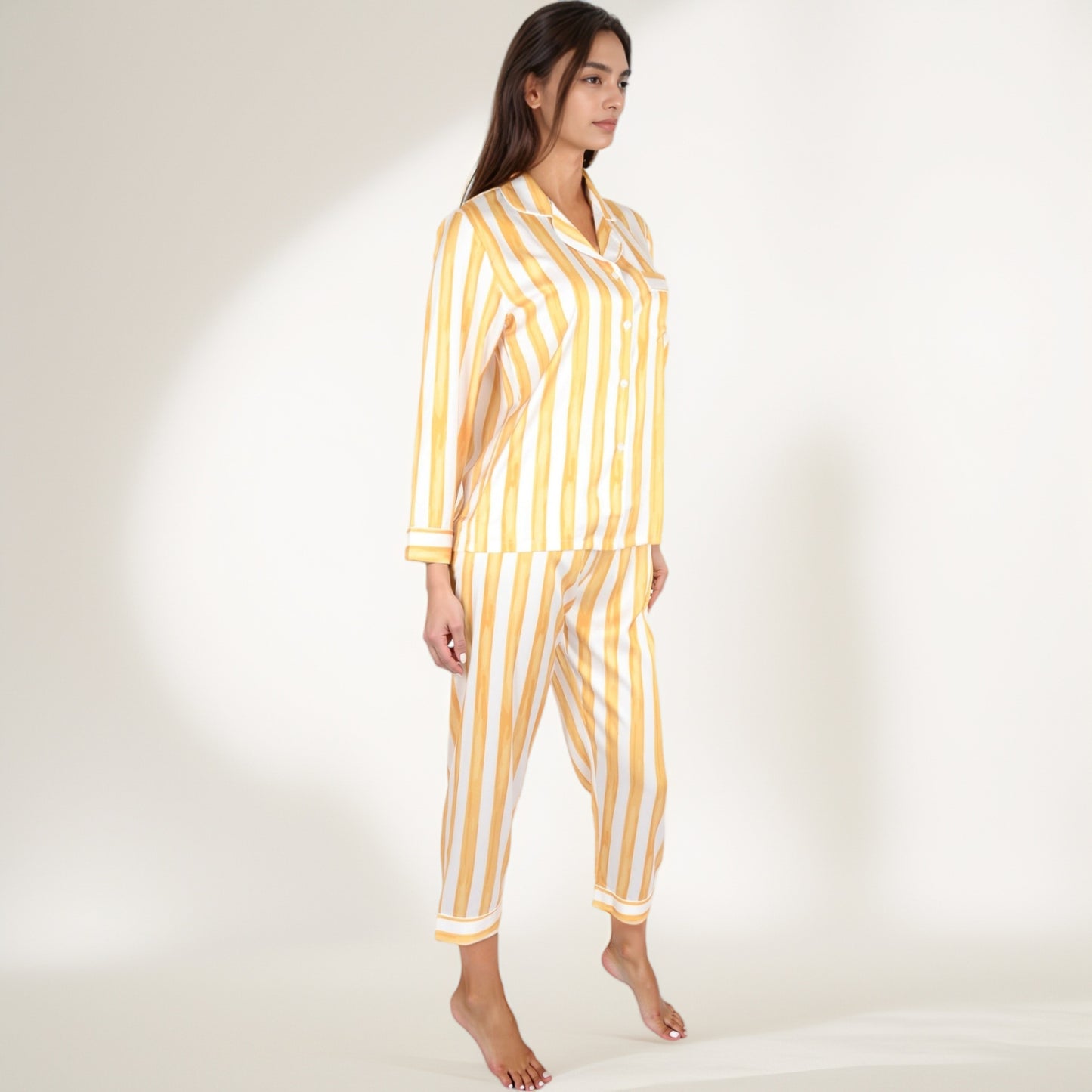 Anna-Kaci Lounge Women's Striped Satin Pajama Set with Long Sleeve Button Top and Cropped Pants