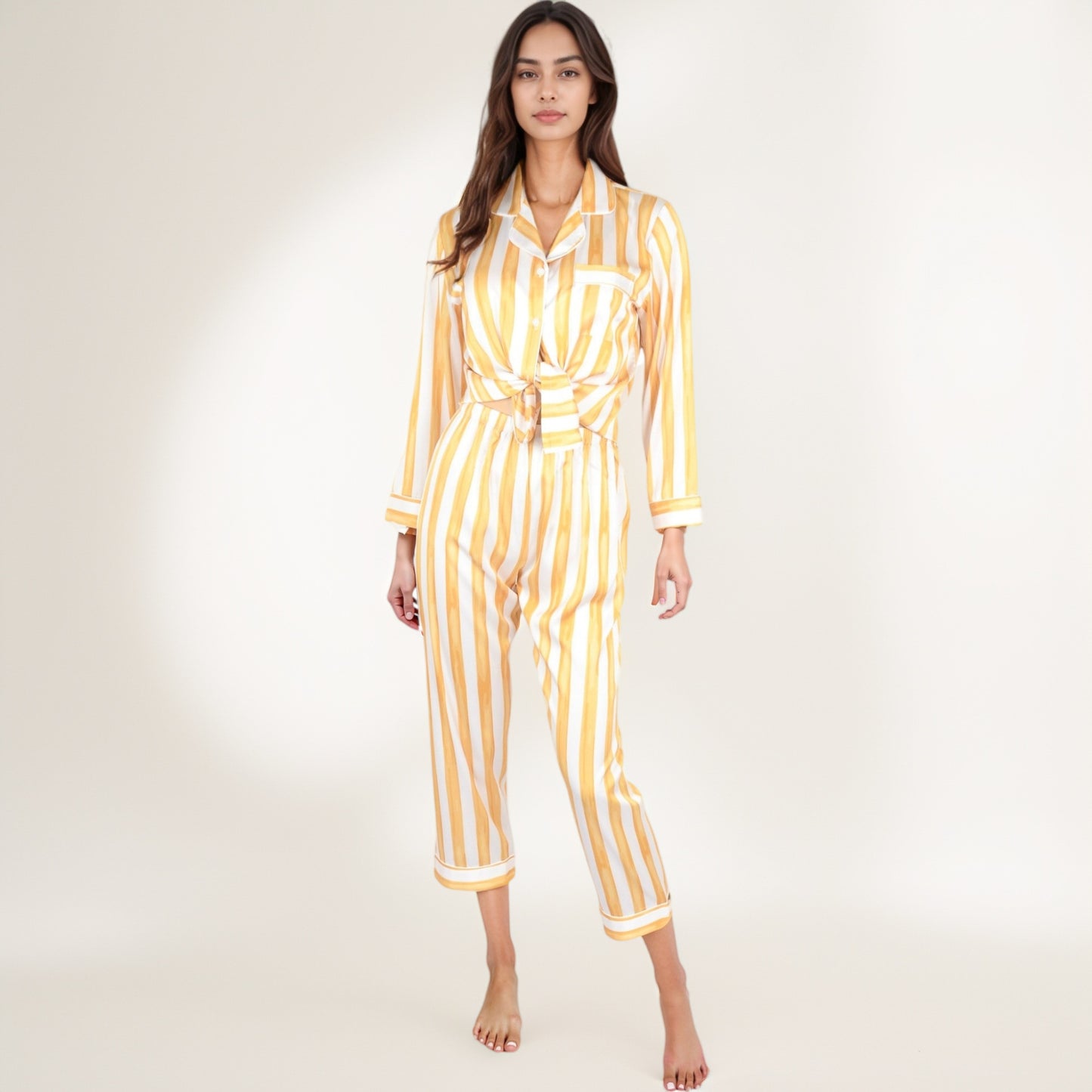 Anna-Kaci Lounge Women's Striped Satin Pajama Set with Long Sleeve Button Top and Cropped Pants