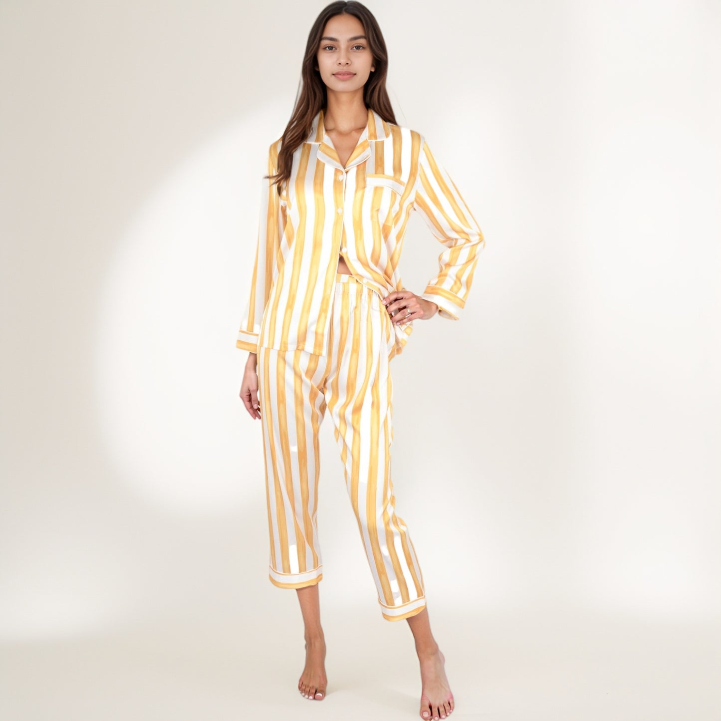 Anna-Kaci Lounge Women's Striped Satin Pajama Set with Long Sleeve Button Top and Cropped Pants